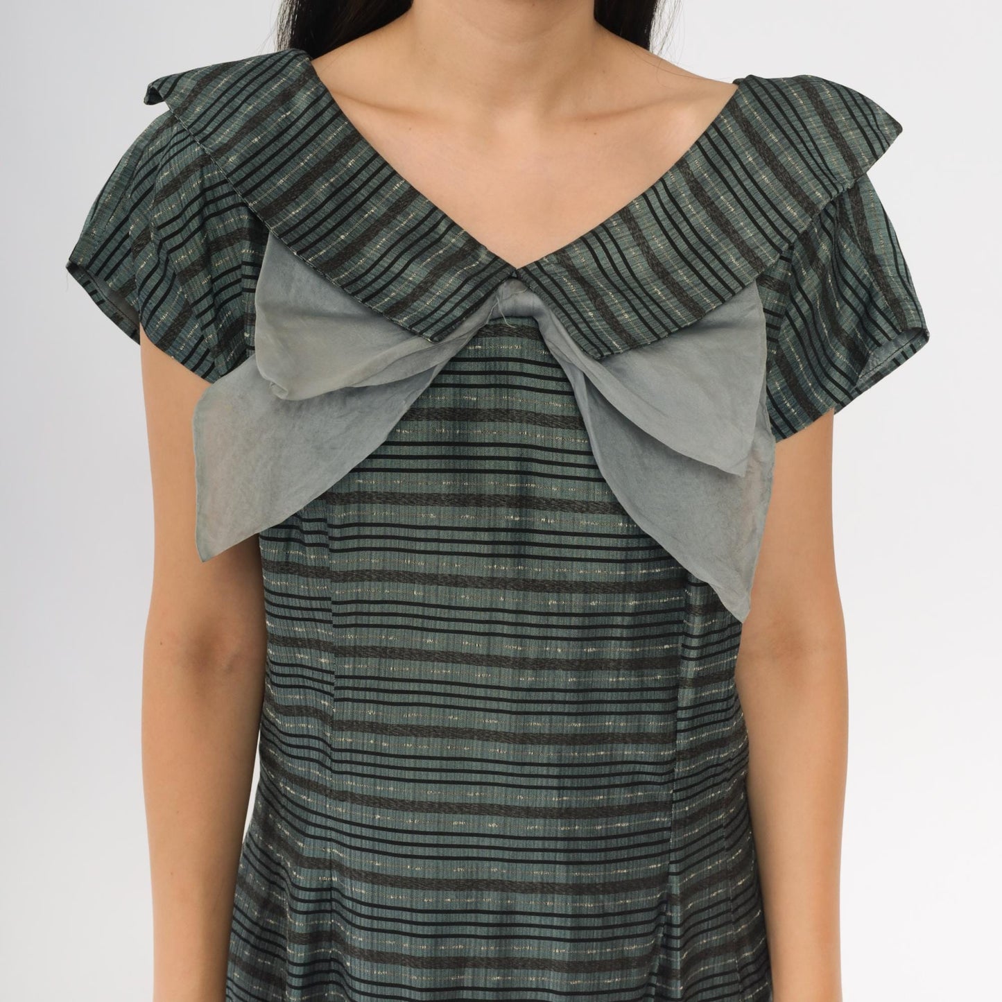 60s Gray Striped Bow Dress A-Line Midi Cap Sleeve V-Neck Large L