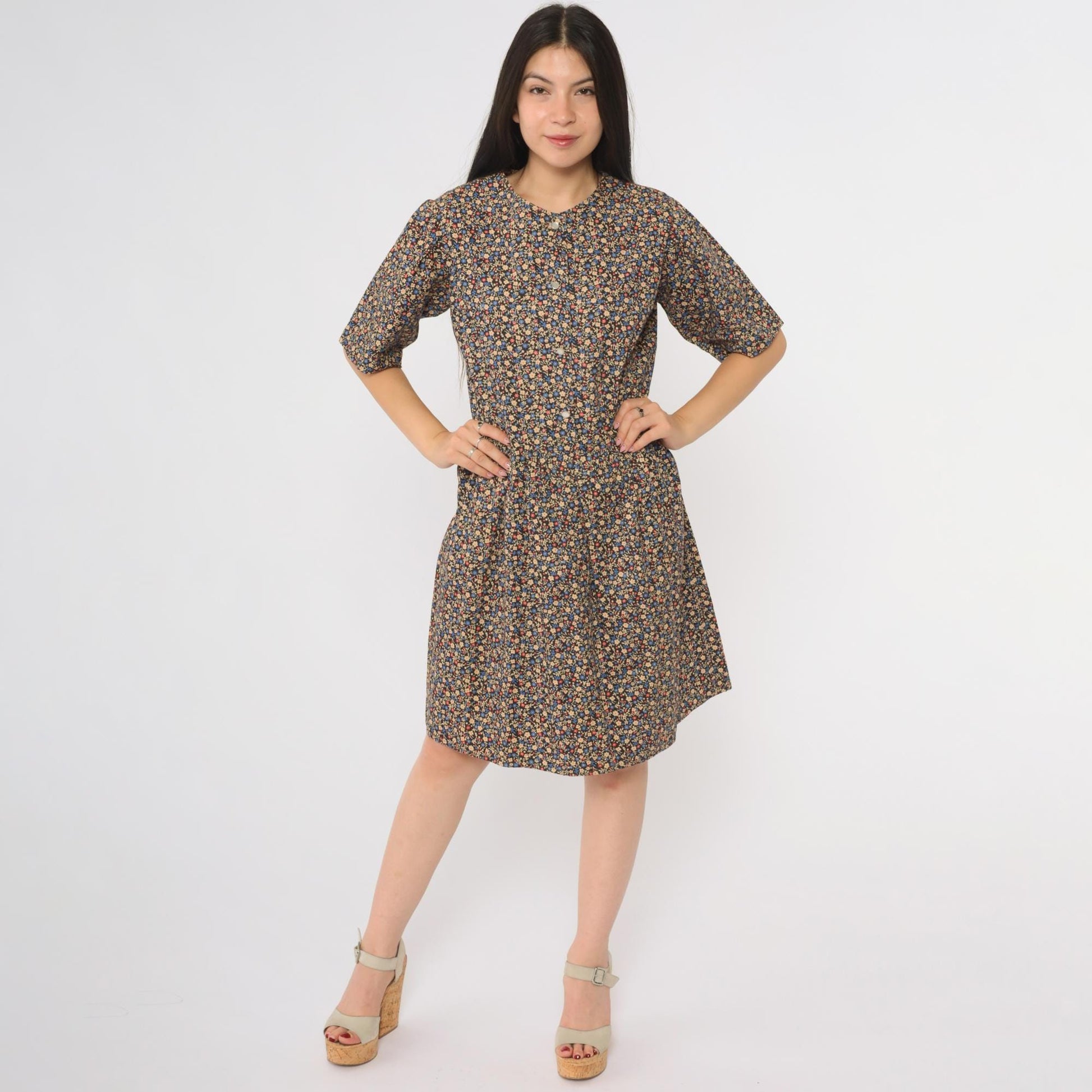 60s Navy Floral Mini Dress A-Line Button Front Short Sleeve Large