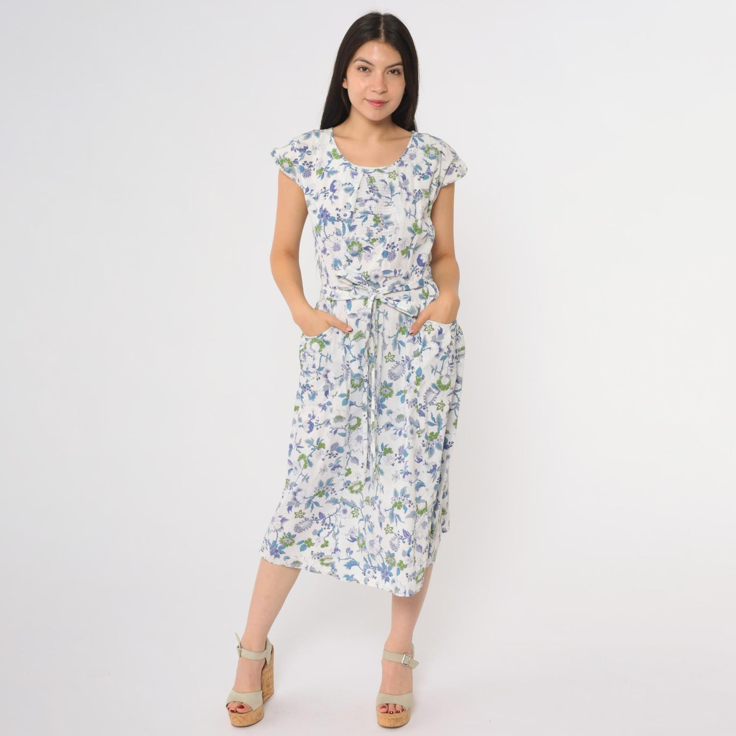 60s Swirl Floral Wrap Dress Blue White Cap Sleeve Midi Tie Waist Medium M