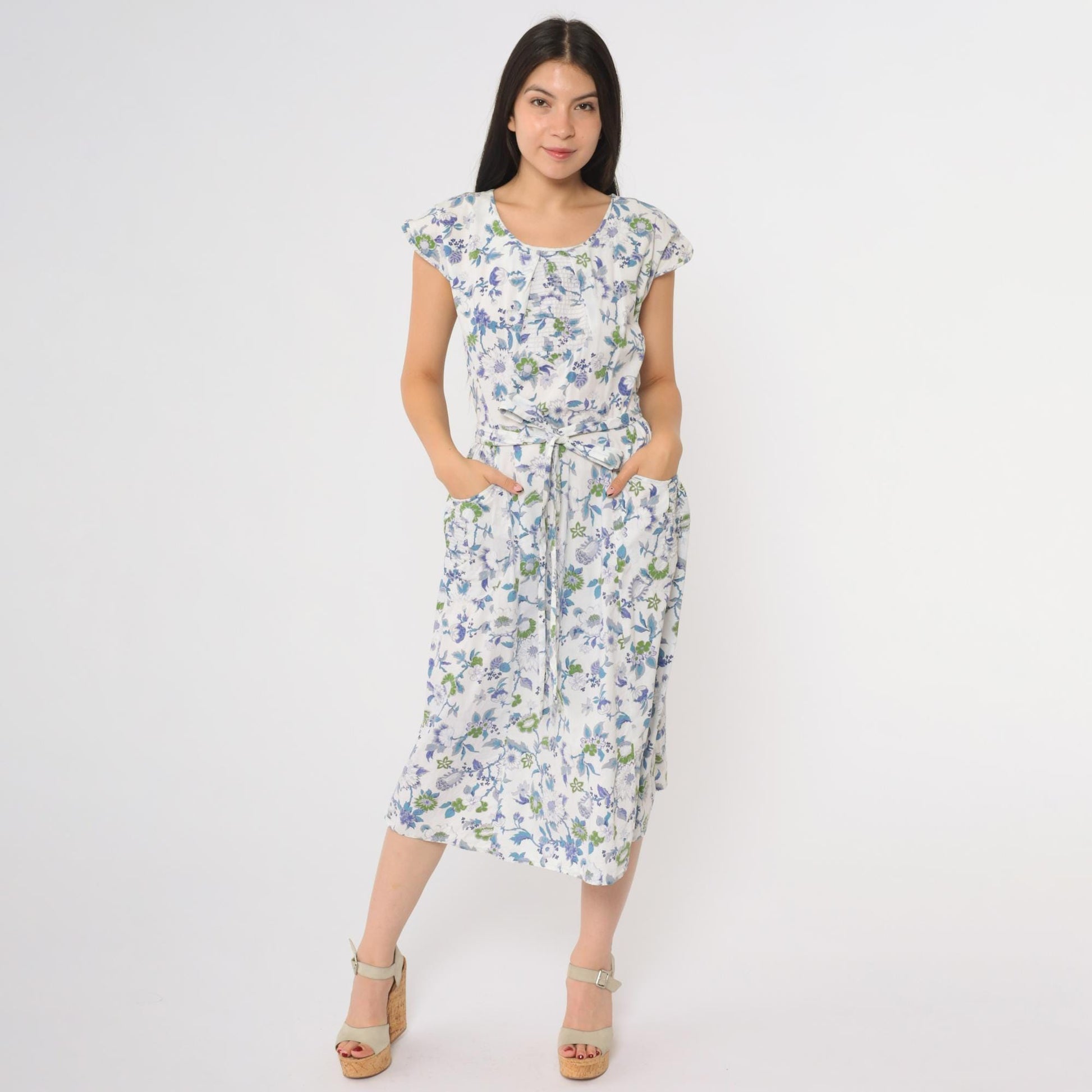 60s Swirl Floral Wrap Dress Blue White Cap Sleeve Midi Tie Waist Medium M