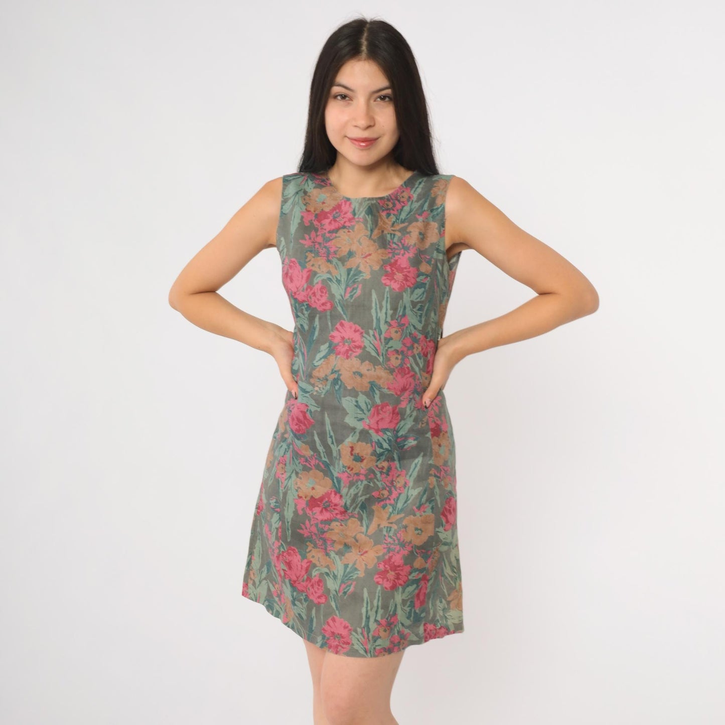 90s Floral Shift Dress Grey Green Pink Brown Botanical Midi Sleeveless Small