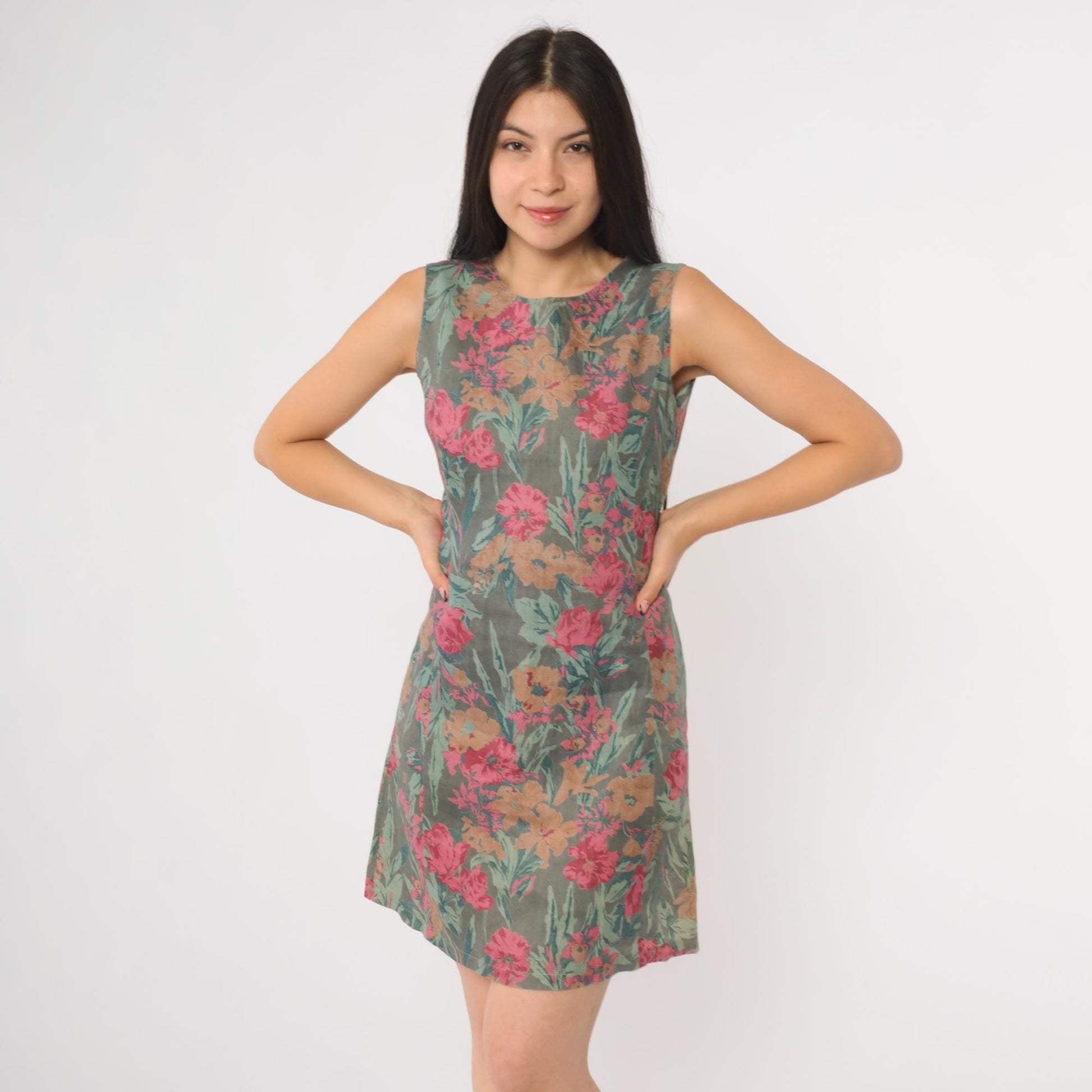 90s Floral Shift Dress Grey Green Pink Brown Botanical Midi Sleeveless Small
