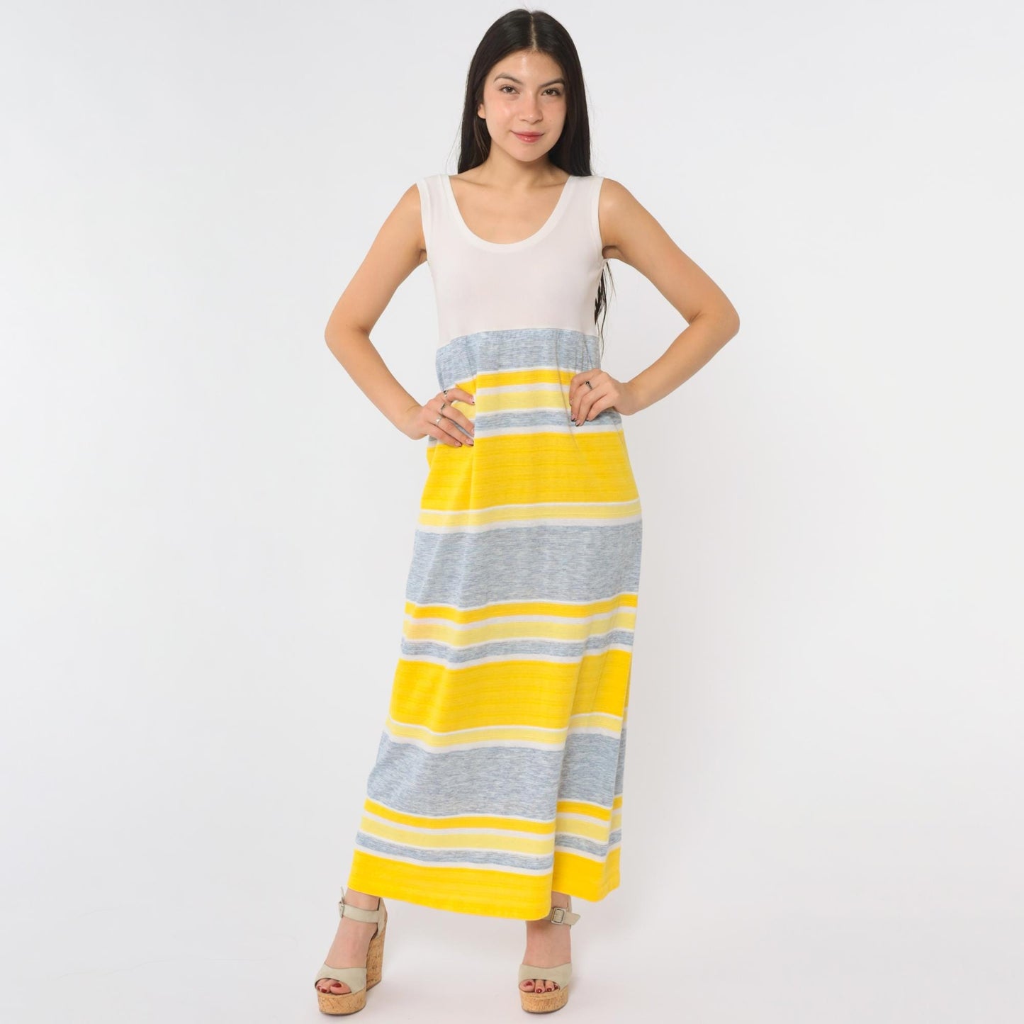 70s Yellow Grey Striped Maxi Dress Sleeveless Scoop Neck A-Line Medium