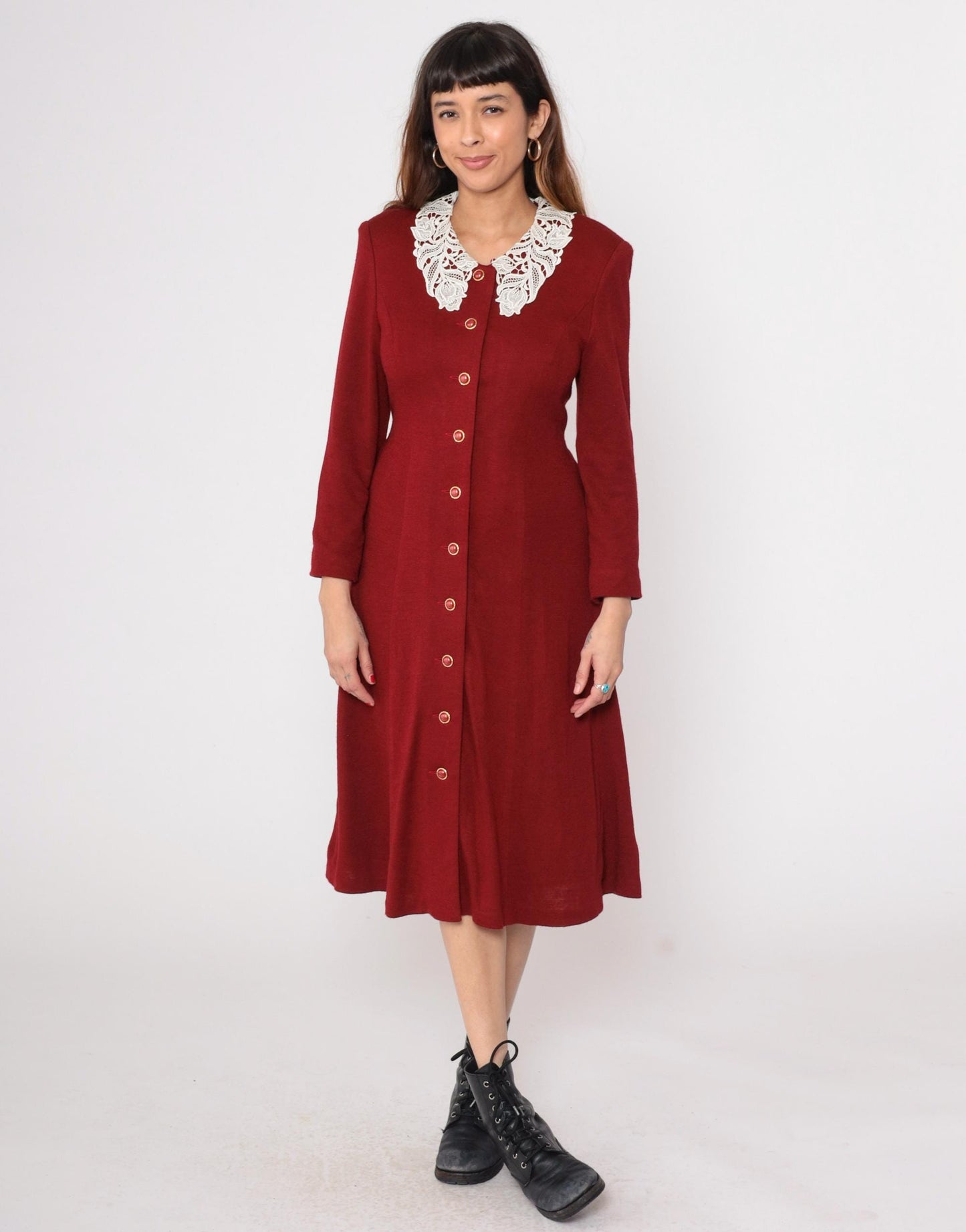 80s Lourejann Burgundy Midi Dress Peter Pan Collar Lace Small