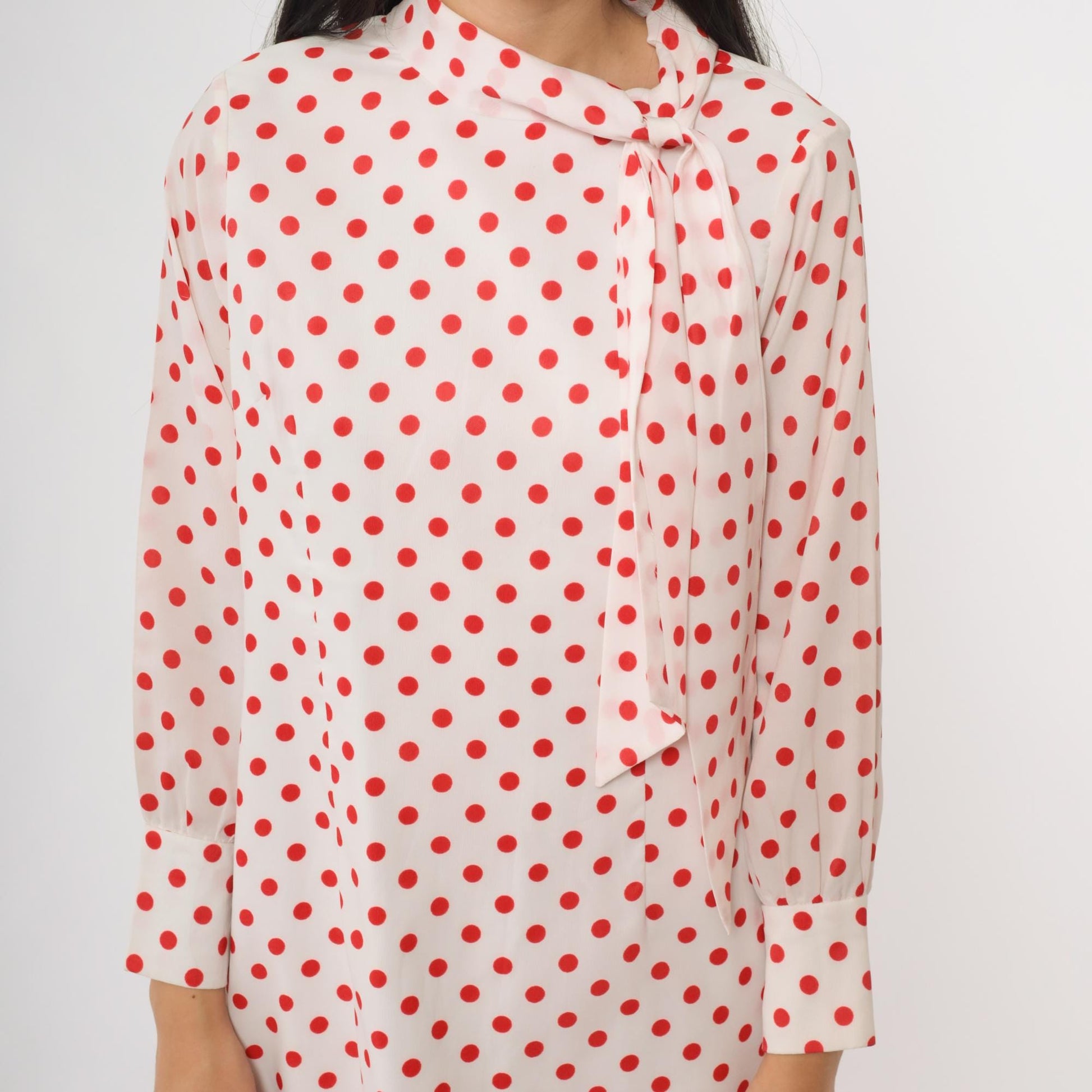 60s Mod Polka Dot Mini Dress Ascot Bow Tie Long Sleeve White Red Medium M