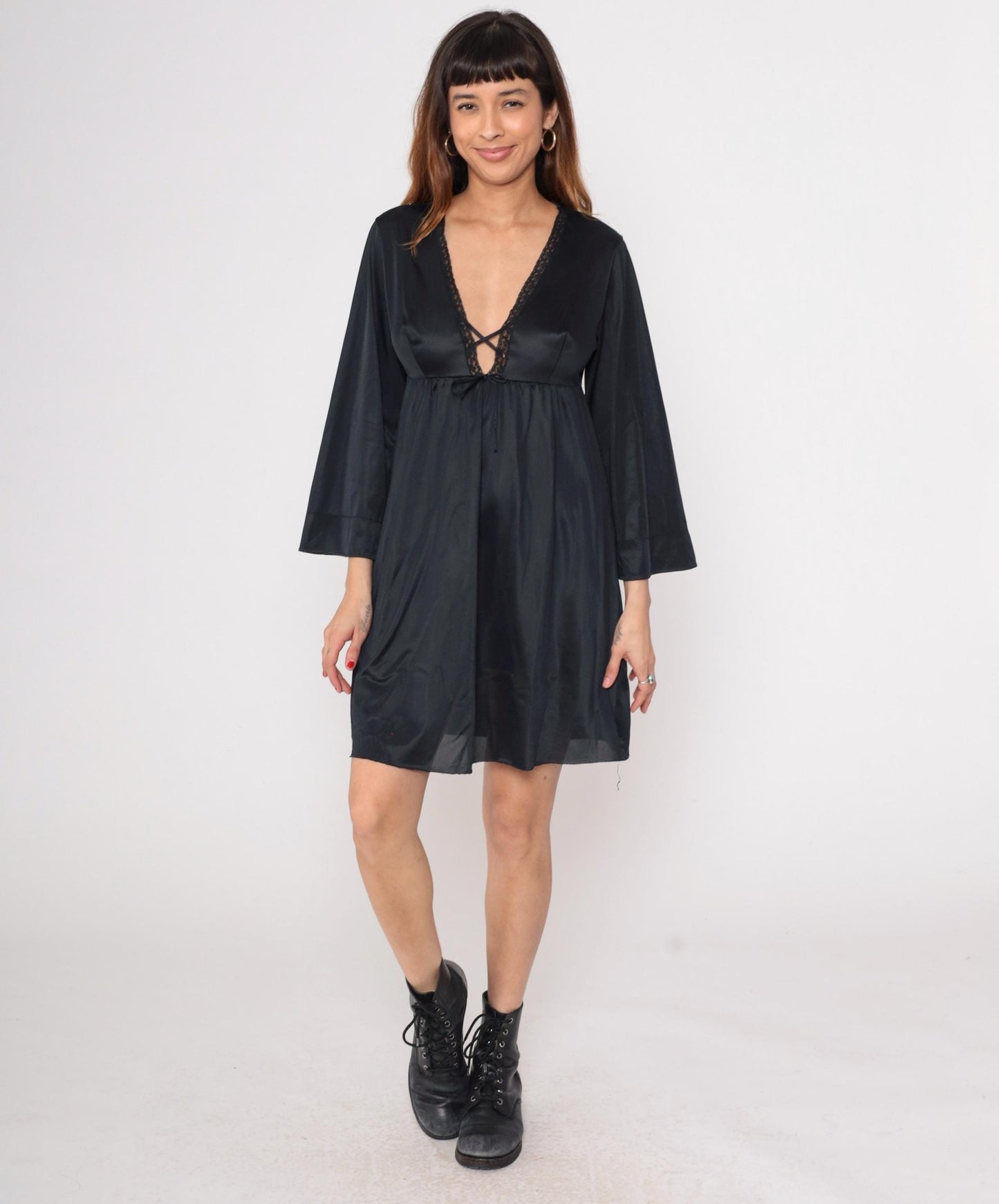 80s Black Nylon Deep V Mini Dress Empire Waist Long Sleeve Small