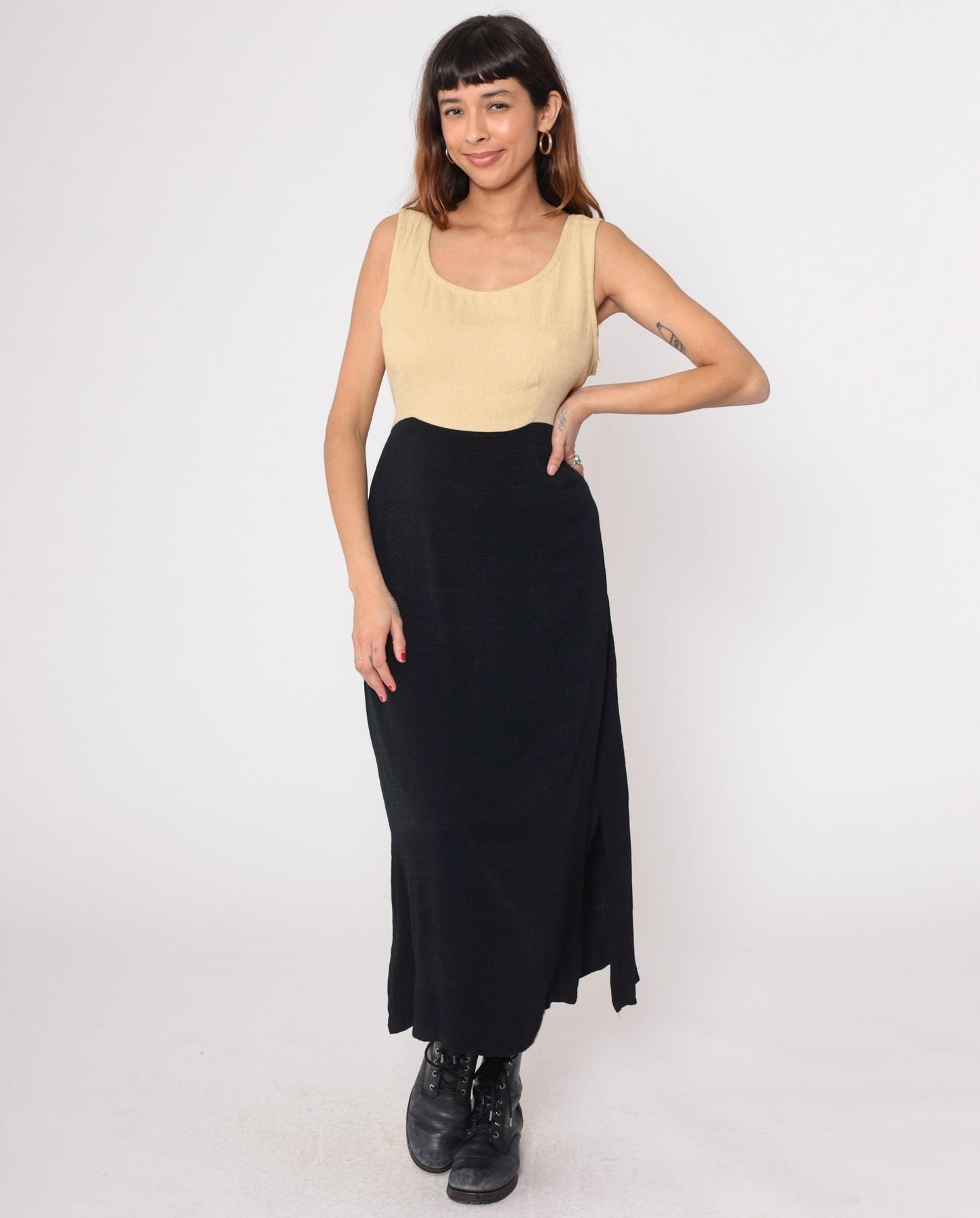 90s K Studio Color Block Maxi Dress Cream Black Tank Sleeveless Large