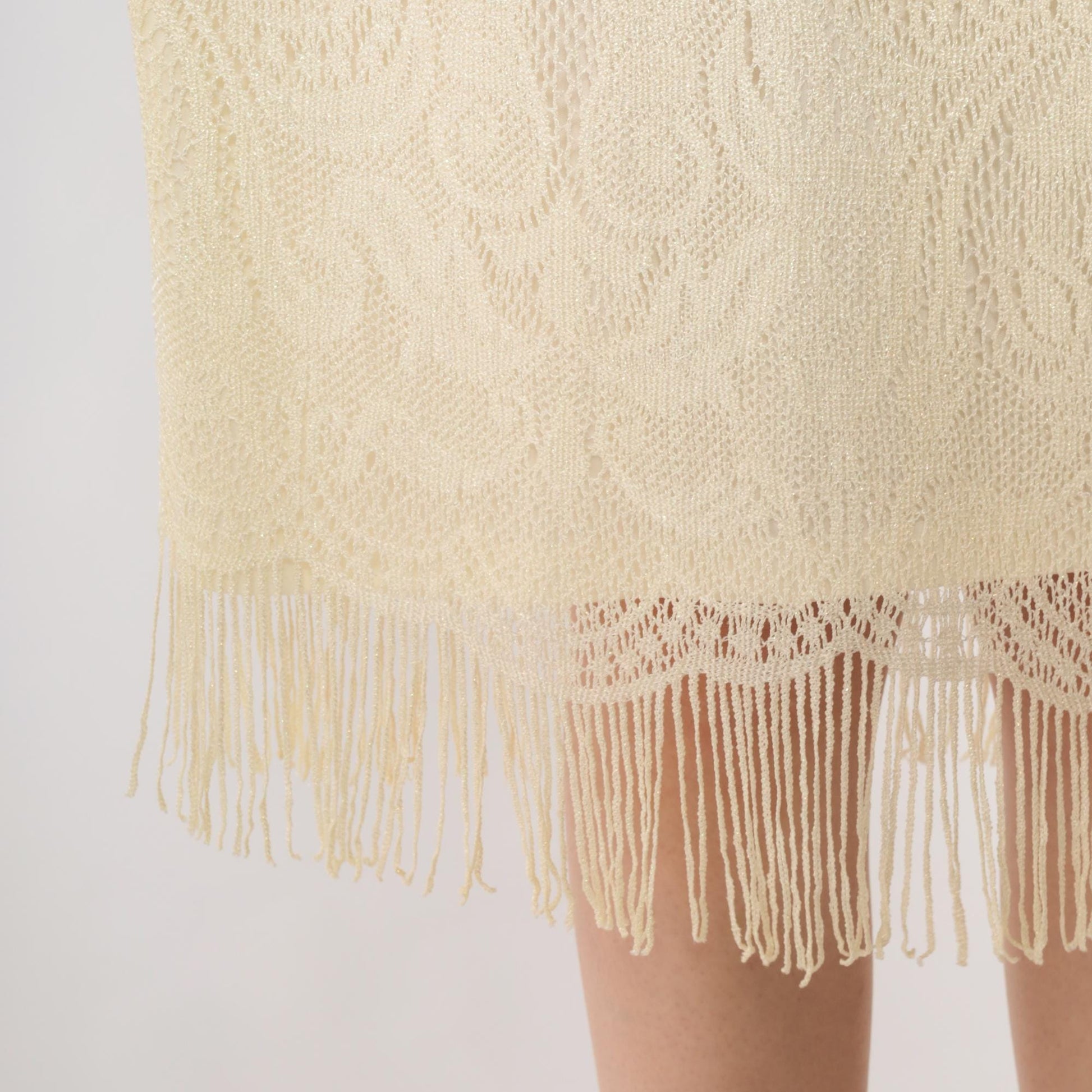 90s Onyx Nite Cream Metallic Fringe Midi Dress Scoop Neck Sleeveless Extra Large