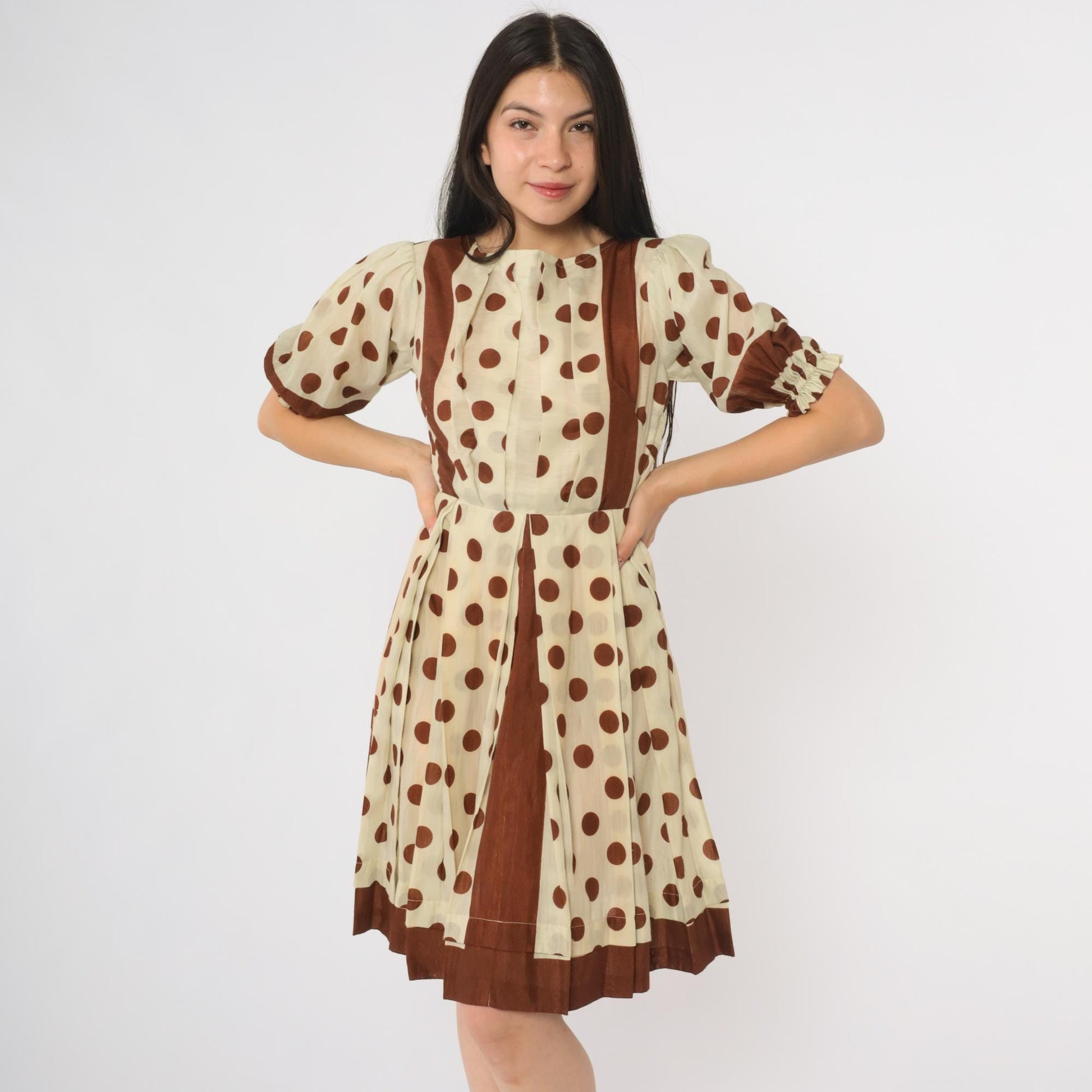 60s Brown White Polka Dot Puff Sleeve Dress Knee Length Extra Small XS