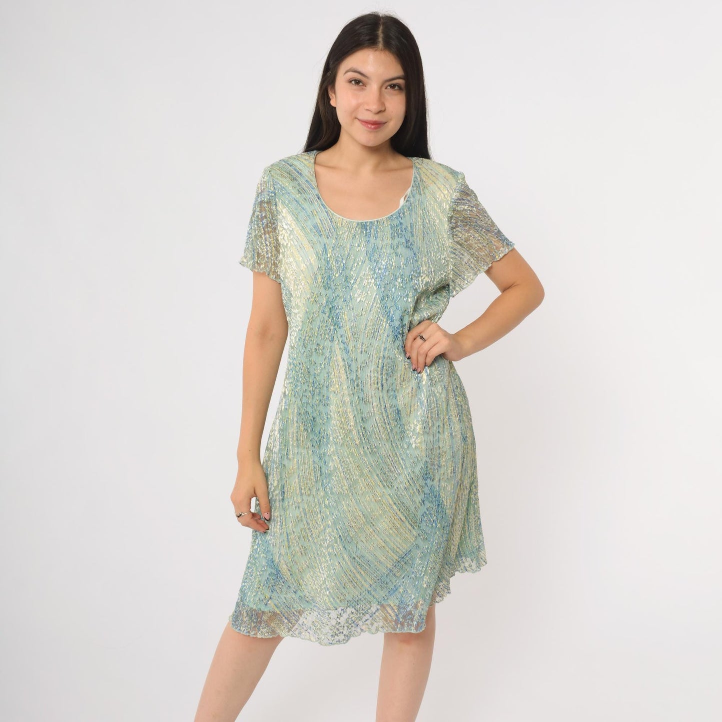 90s Ronni Nicole Iridescent Shimmer Shift Dress Blue Green Knee Length Large