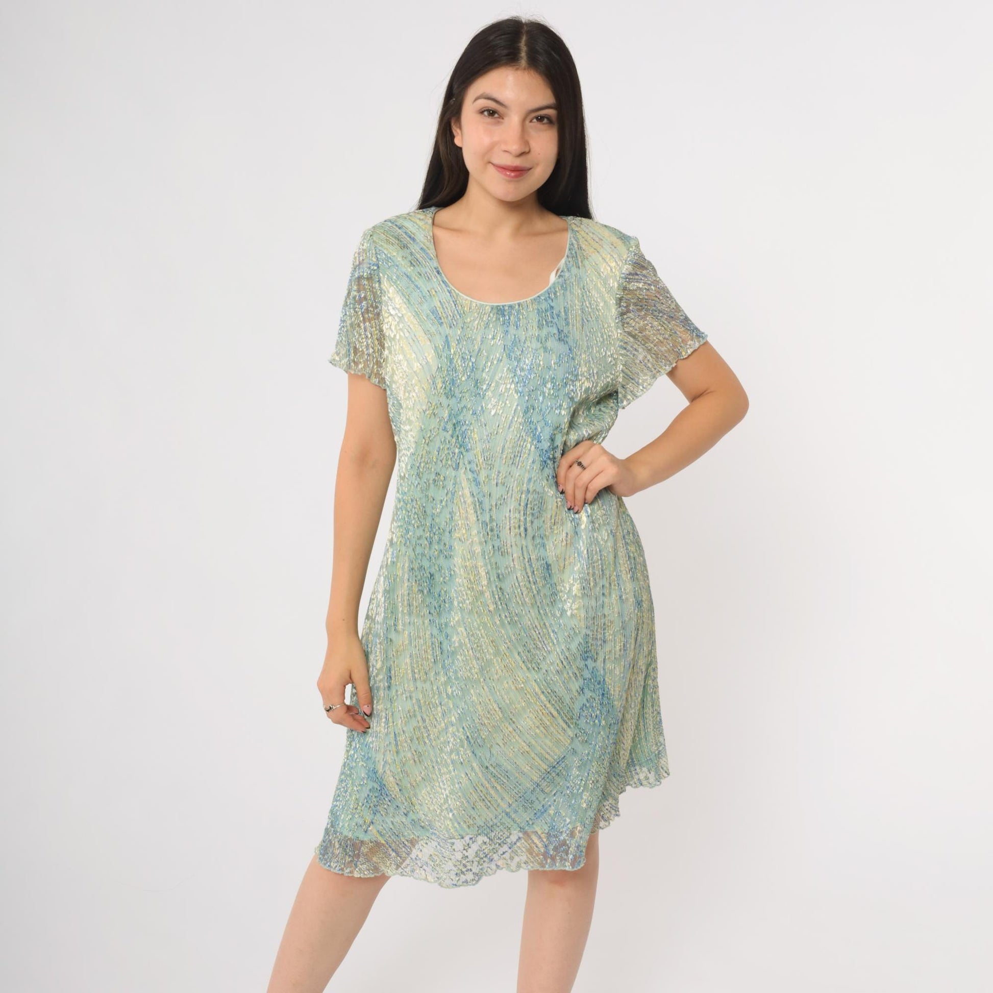 90s Ronni Nicole Iridescent Shimmer Shift Dress Blue Green Knee Length Large