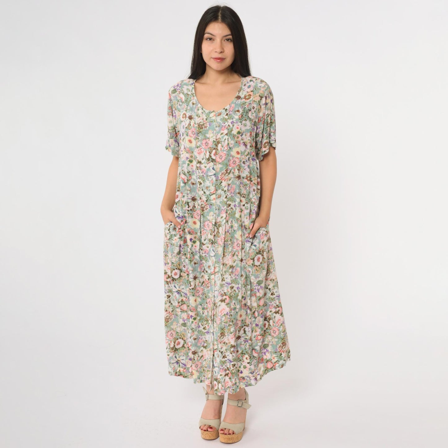 Y2K Floral Maxi Dress Sleeveless Scoop Neck Pink Green Botanical Rayon Medium