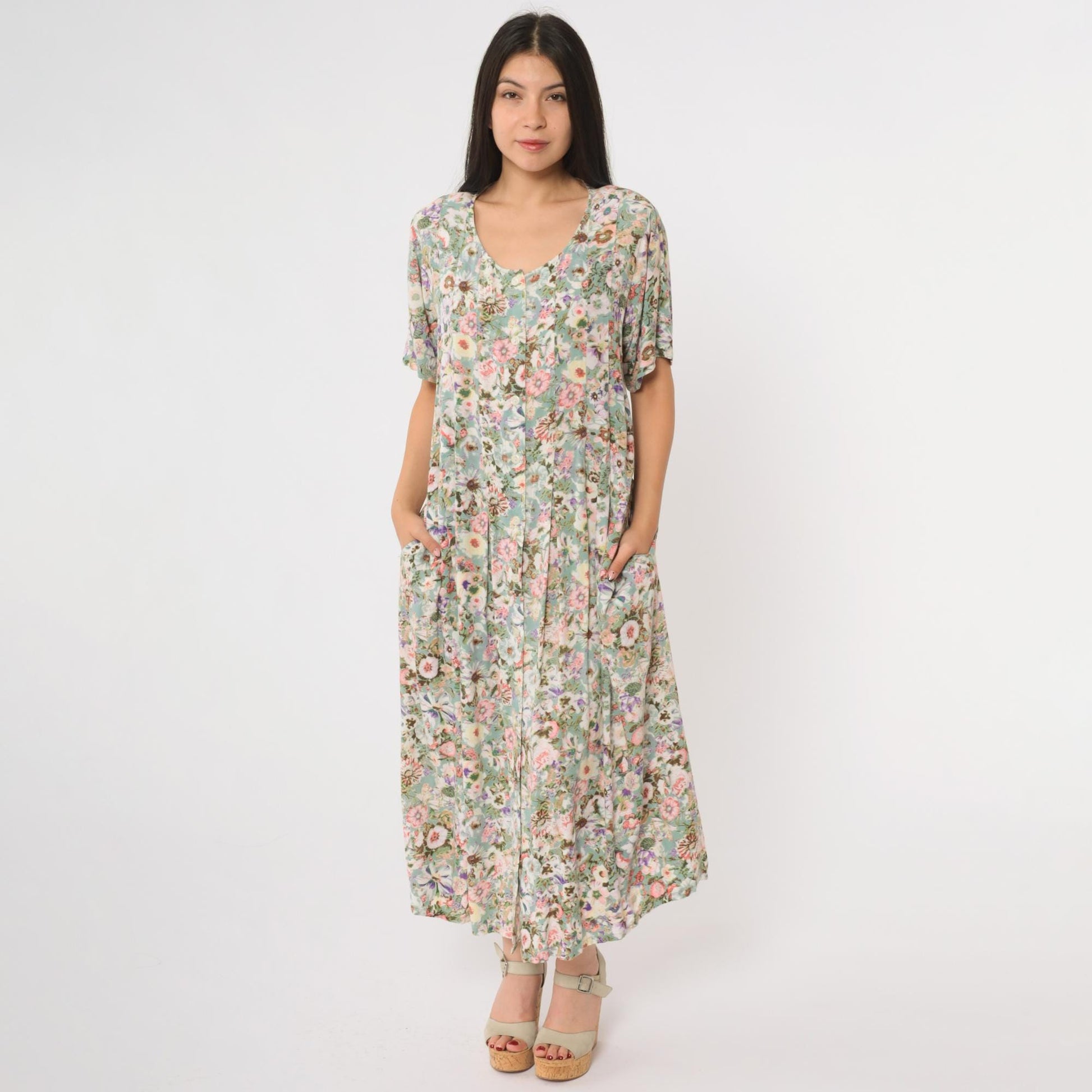 Y2K Floral Maxi Dress Sleeveless Scoop Neck Pink Green Botanical Rayon Medium