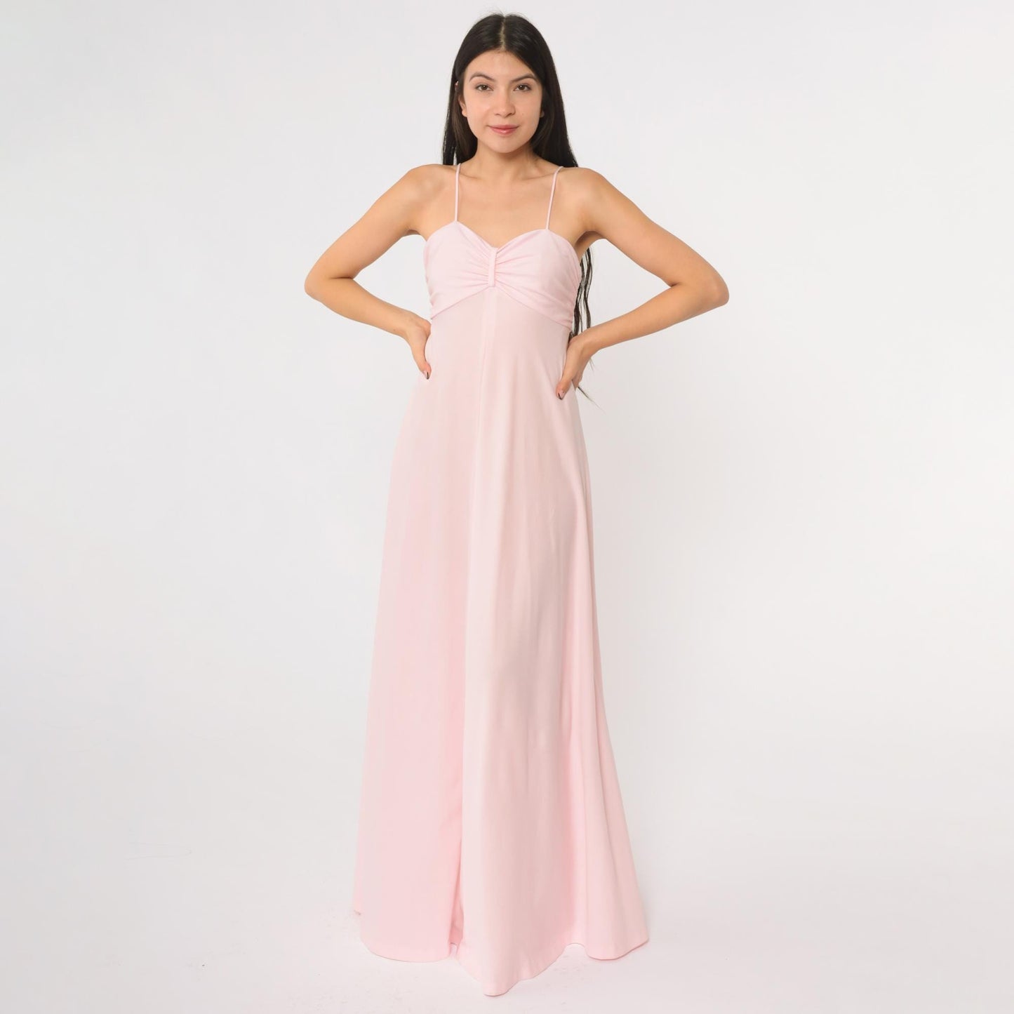 70s Pink Maxi Dress Spaghetti Strap Empire Waist Floor Length Back Zip Extra Small XS