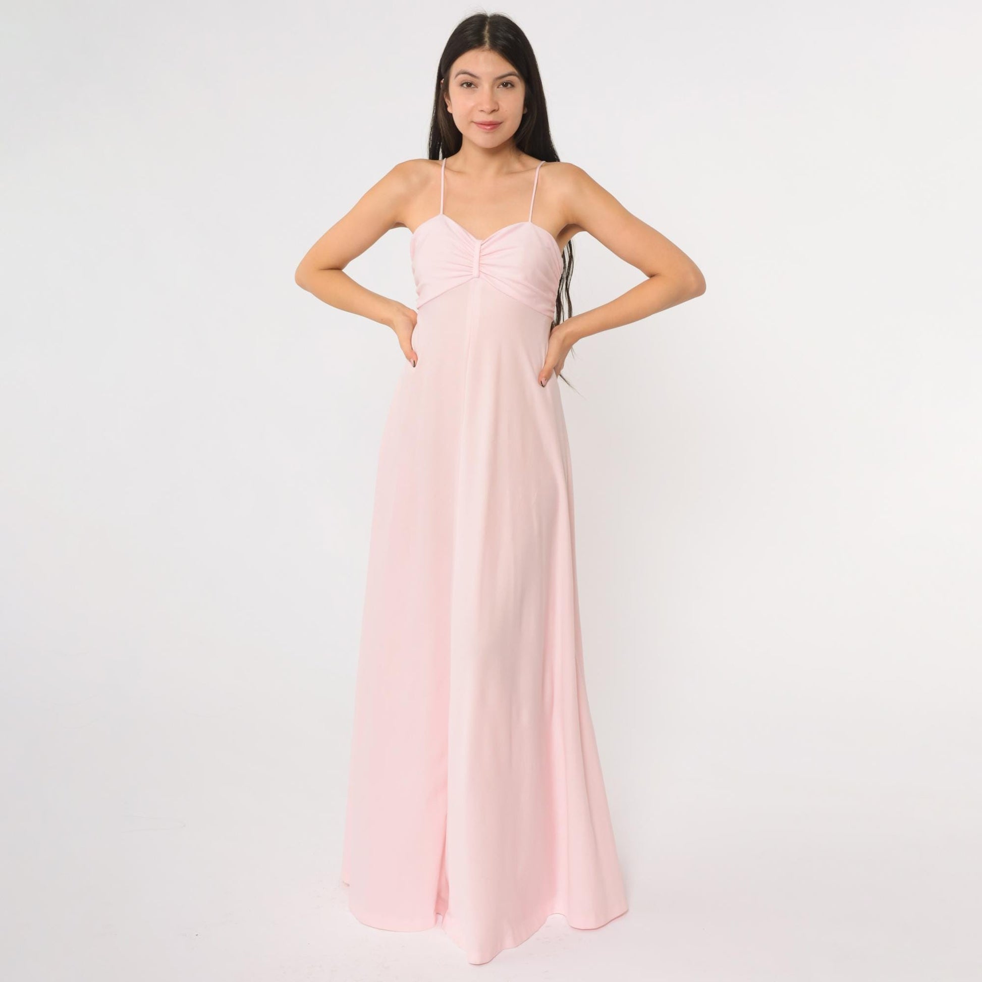 70s Pink Maxi Dress Spaghetti Strap Empire Waist Floor Length Back Zip Extra Small XS