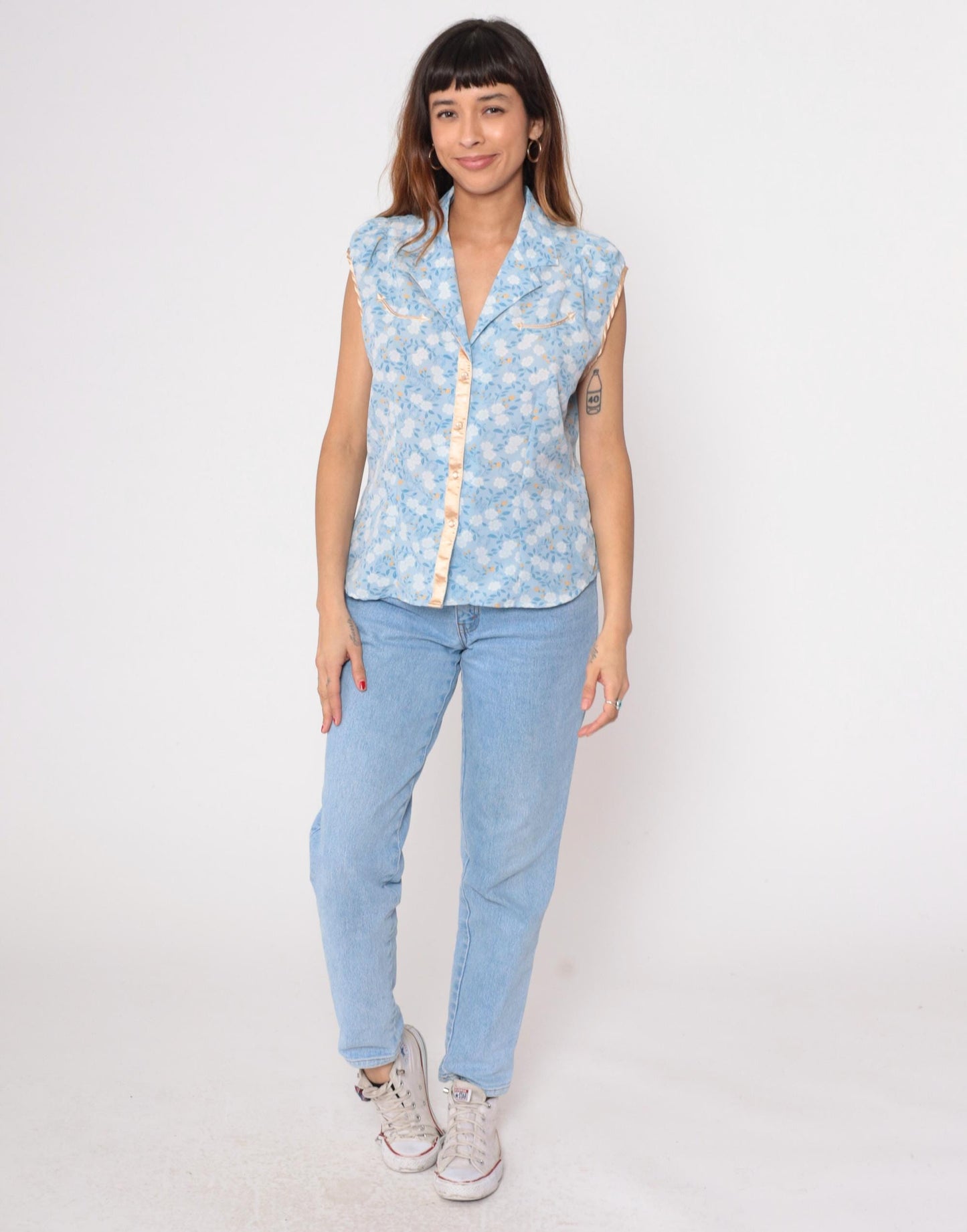 Y2K Shyanne Western Sleeveless Blouse Blue Floral Pearl Snap Large L