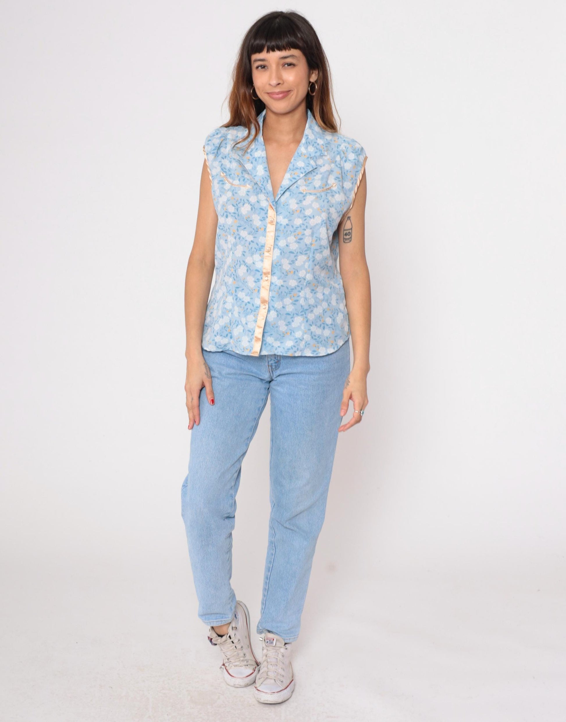 Y2K Shyanne Western Sleeveless Blouse Blue Floral Pearl Snap Large L