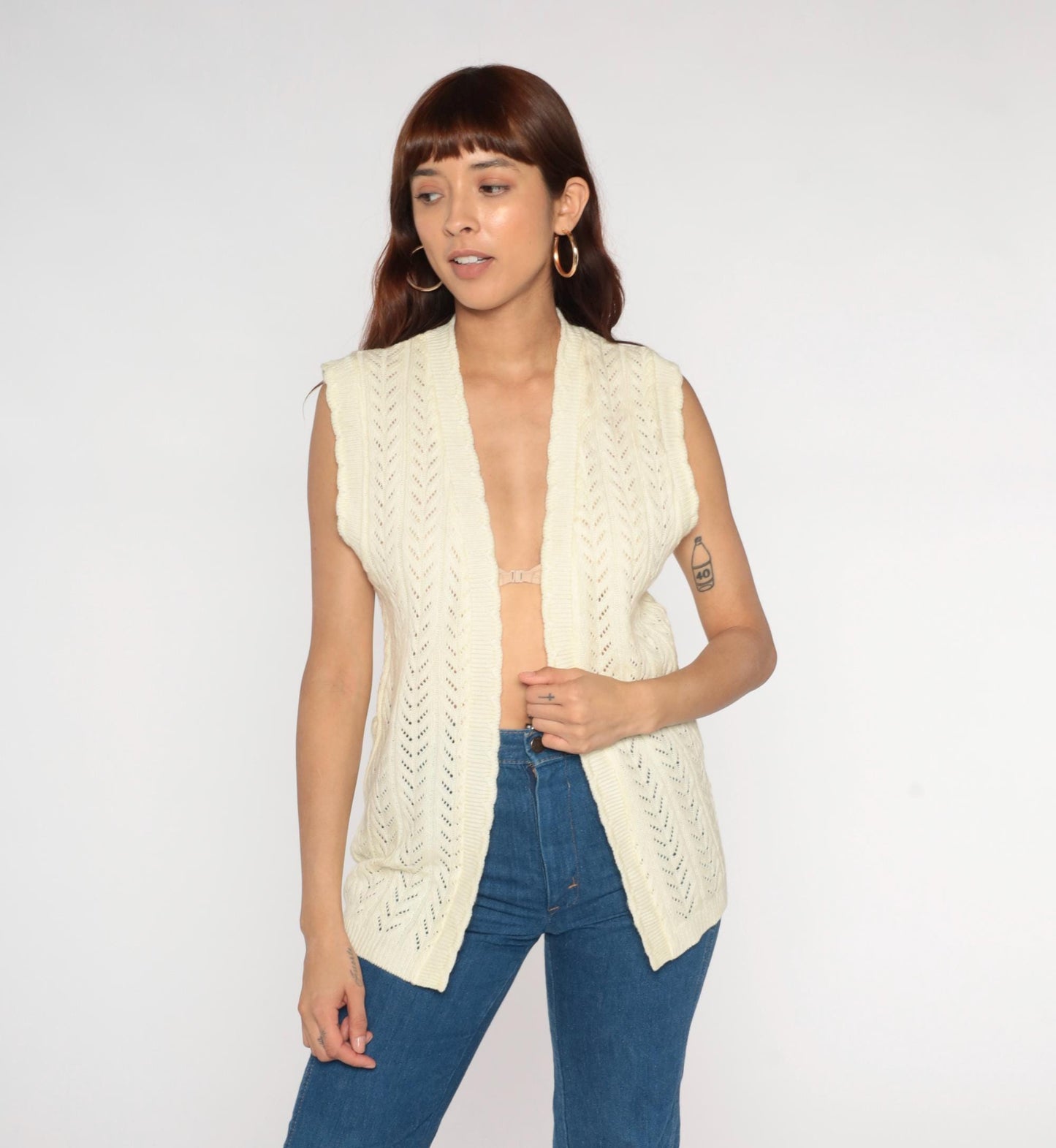 70s St Michael Cream Crochet Knit Vest Open Front Sleeveless Small