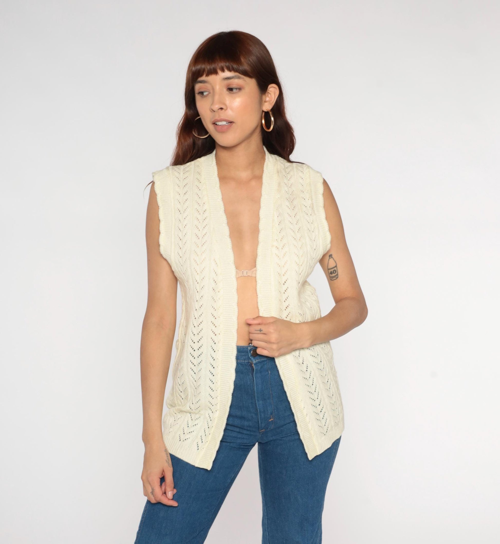 70s St Michael Cream Crochet Knit Vest Open Front Sleeveless Small