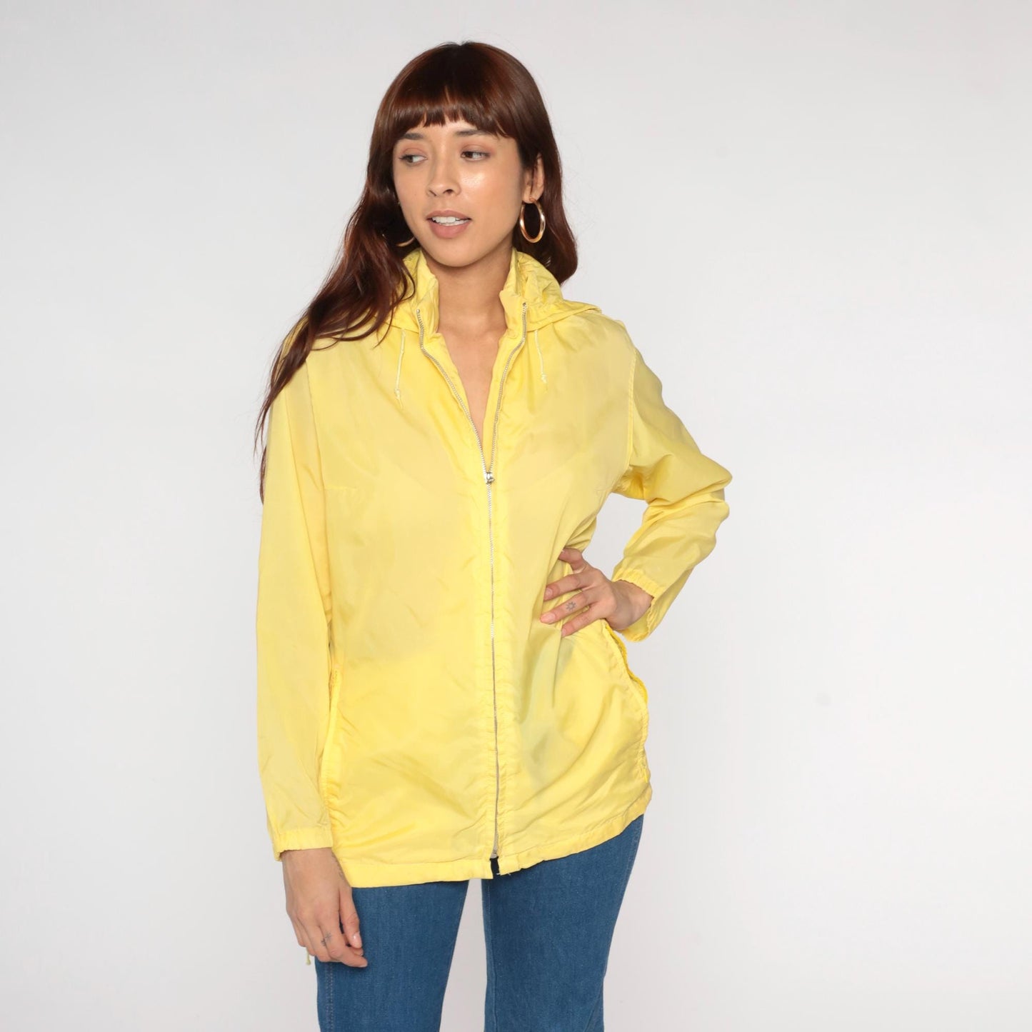 80s Yellow Nylon Hooded Windbreaker Jacket Zip-Up Medium M