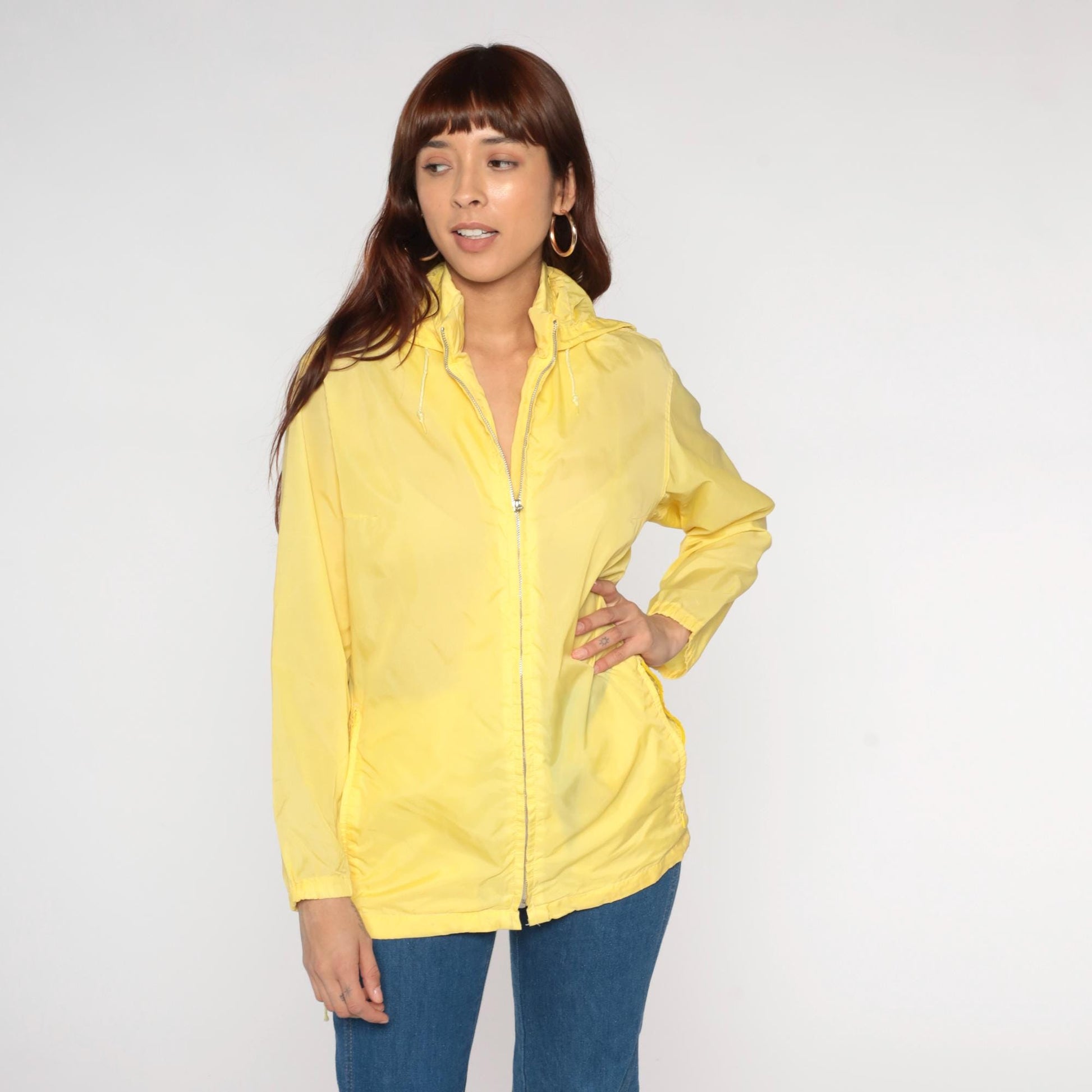 80s Yellow Nylon Hooded Windbreaker Jacket Zip-Up Medium M