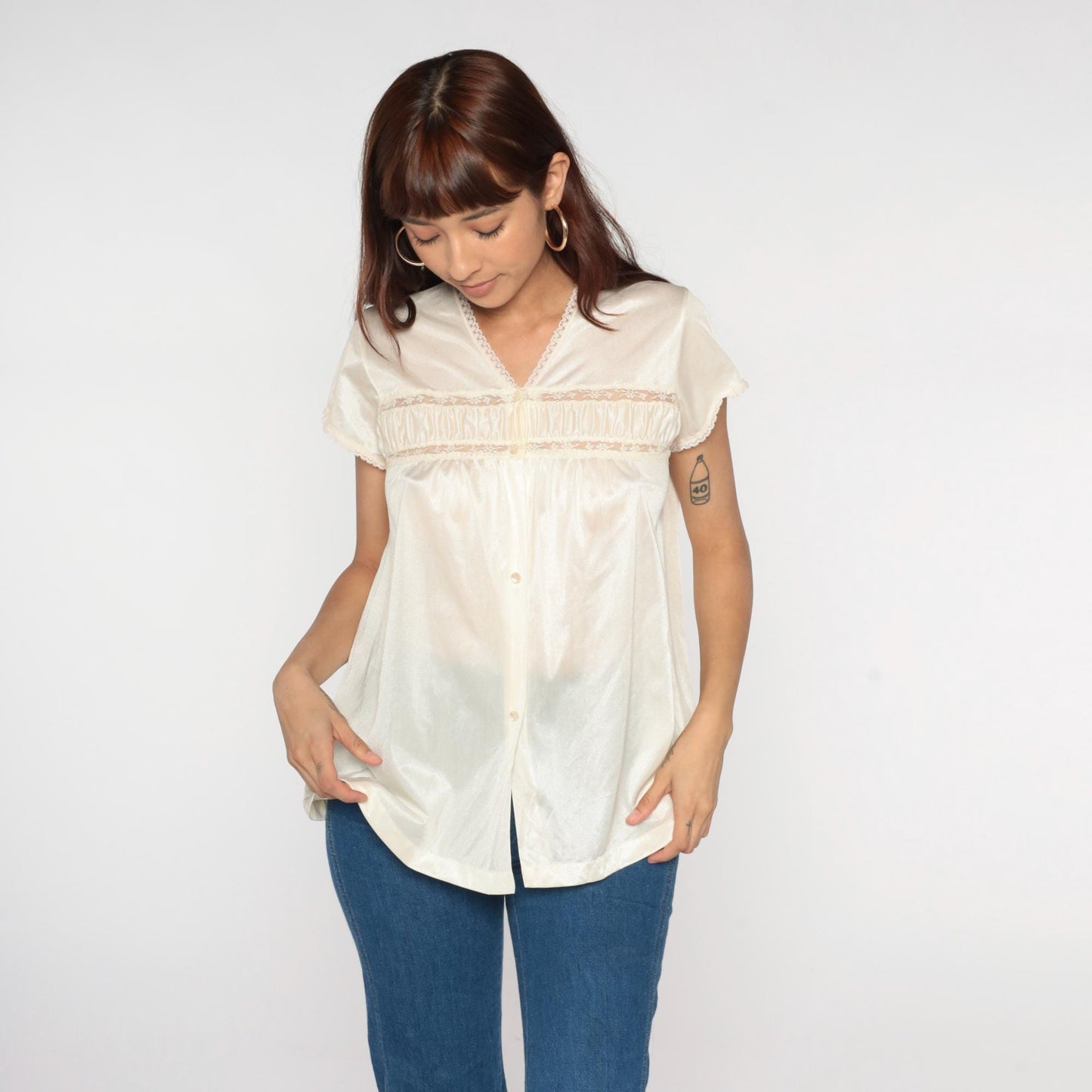 80s Sears Cream Lace Trim Blouse Short Sleeve Medium M