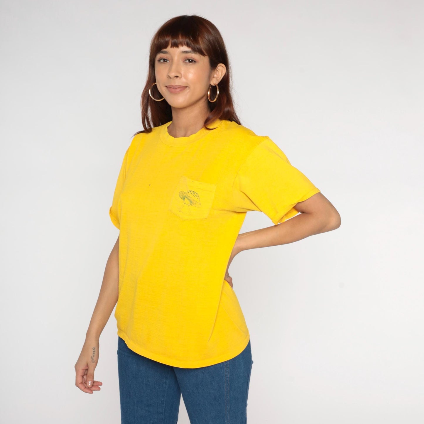 70s Yellow Mushroom Graphic Cotton T-Shirt Pocket Tee Medium