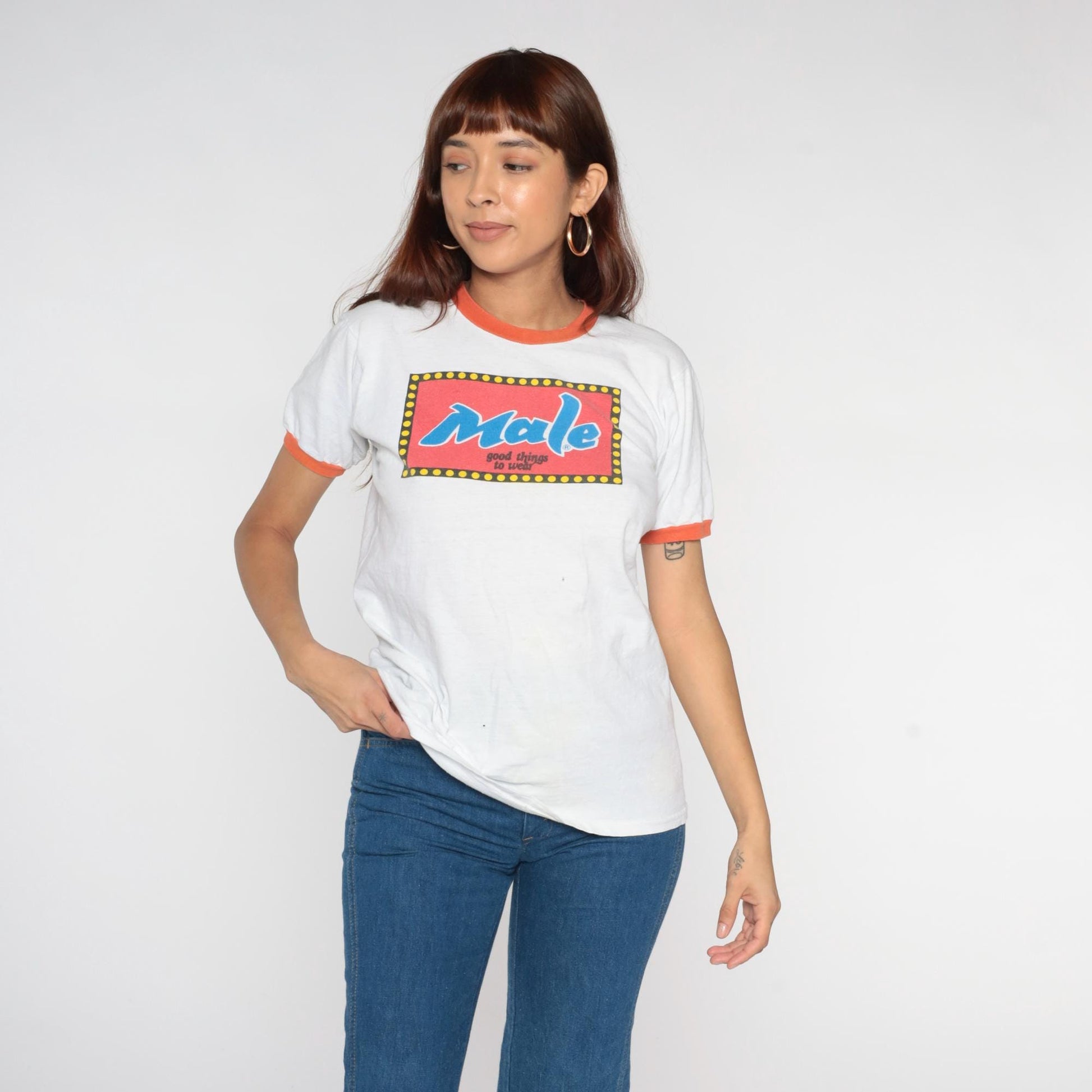 70s Male Jeans Ringer T-Shirt White Orange Trim Pinup Graphic Medium