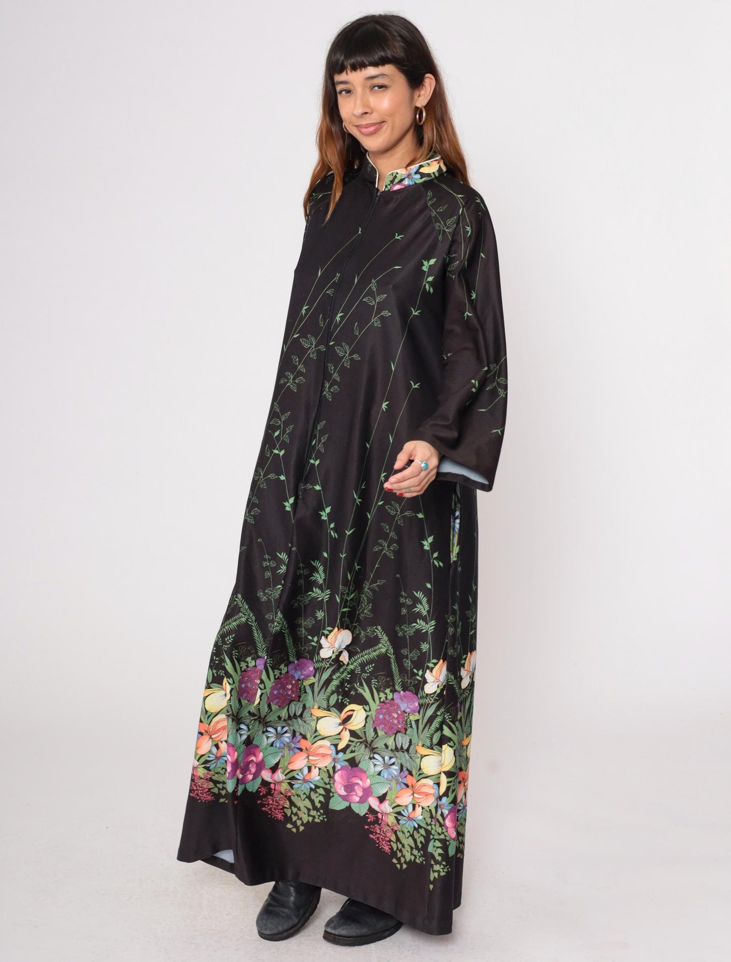 70s Black Floral Maxi Dress Zip Front Long Sleeve Botanical Print Medium Large
