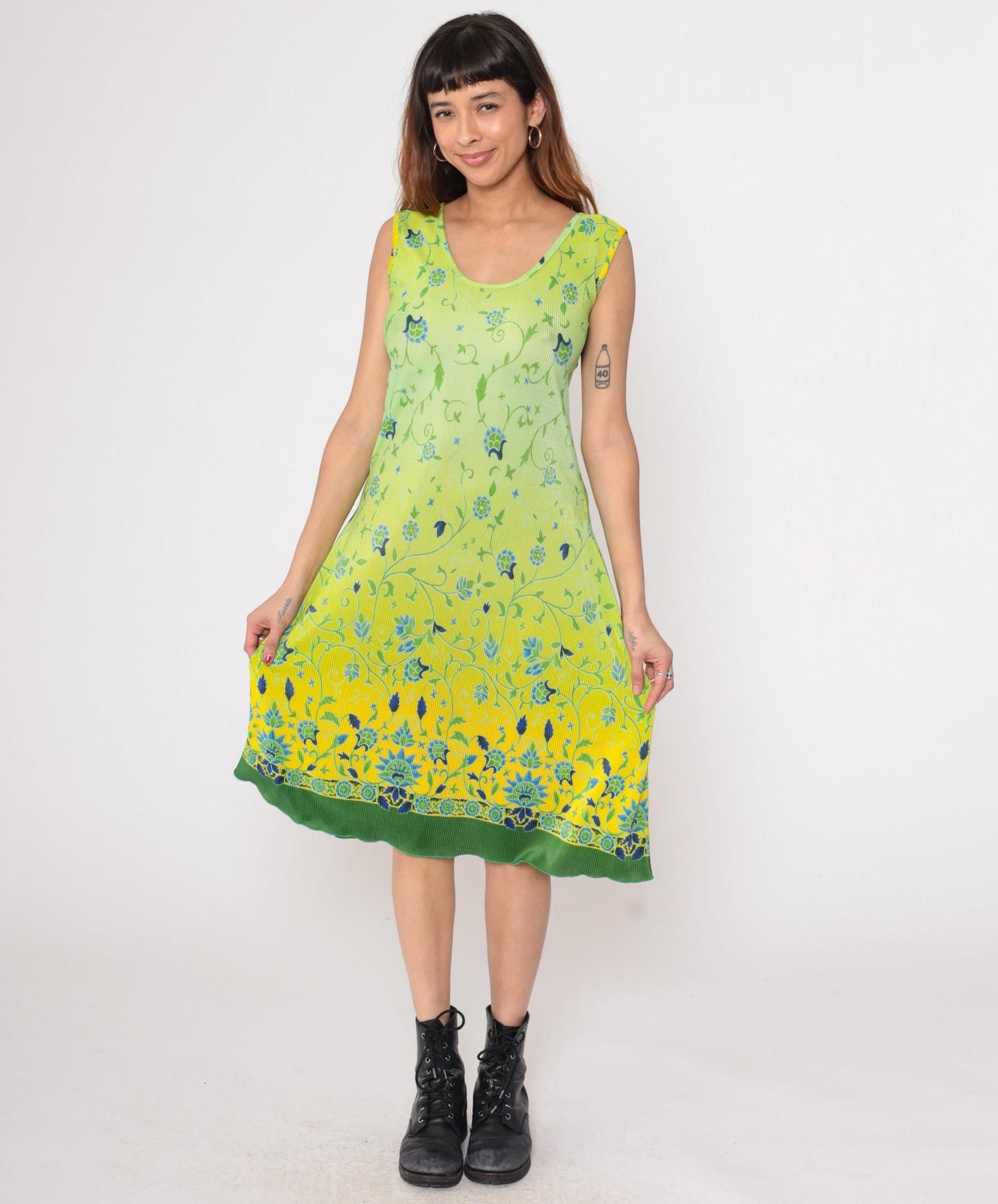 90s La Fete Lime Ombre Midi Dress Floral Scoop Neck Sleeveless Plus Size XXL
