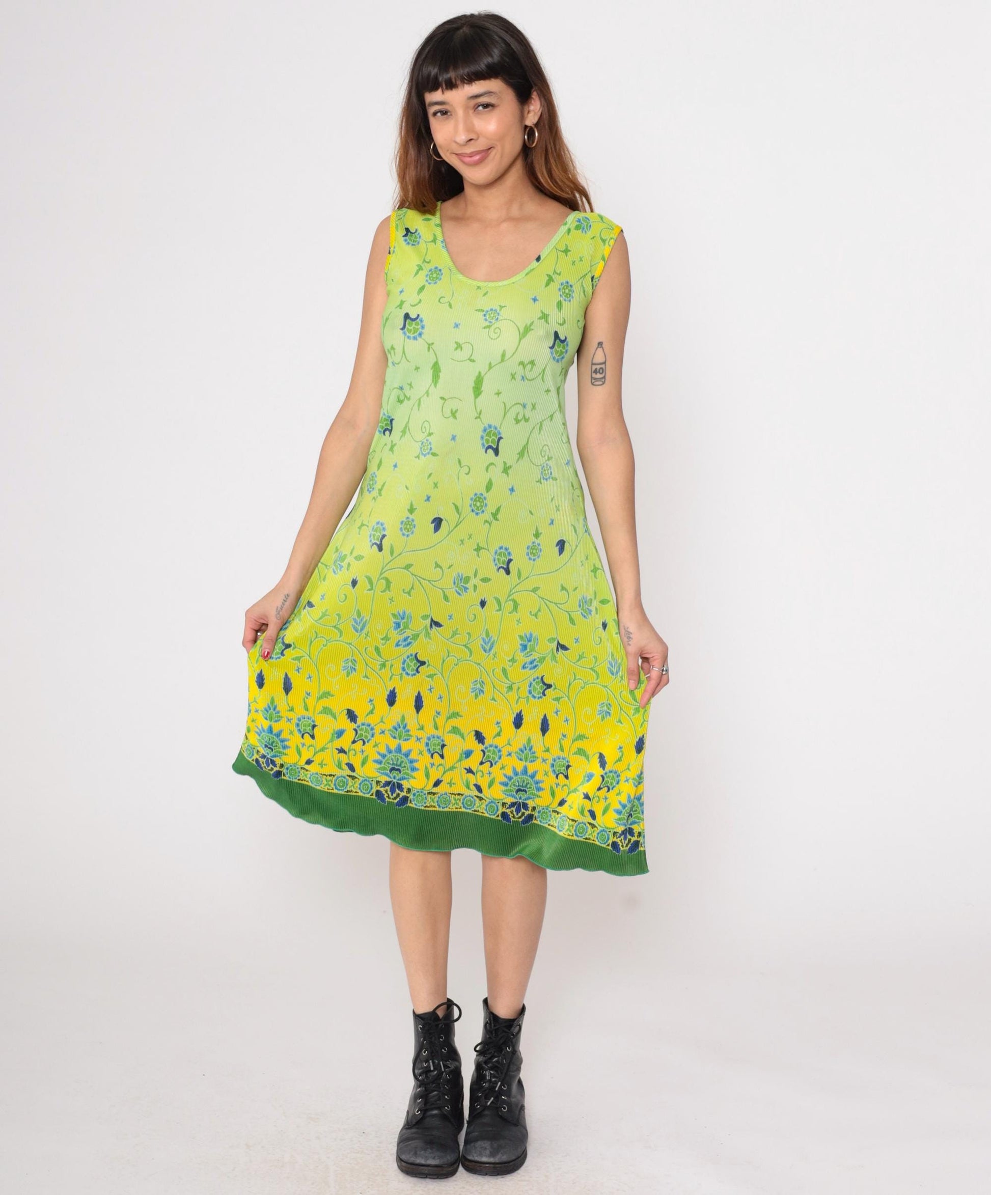 90s La Fete Lime Ombre Midi Dress Floral Scoop Neck Sleeveless Plus Size XXL