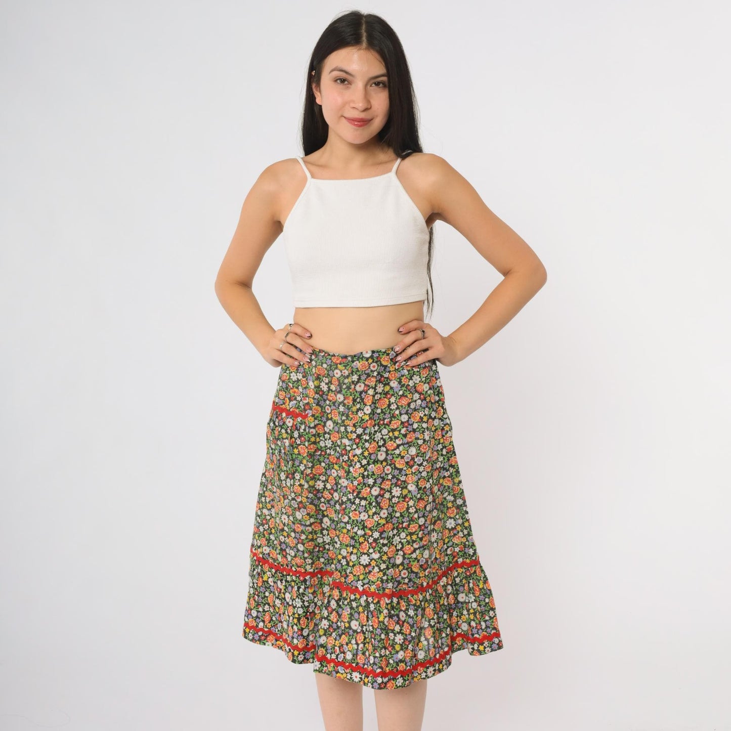 70s Floral Prairie Skirt Tiered Ruffle Midi Black Red Rickrack Small