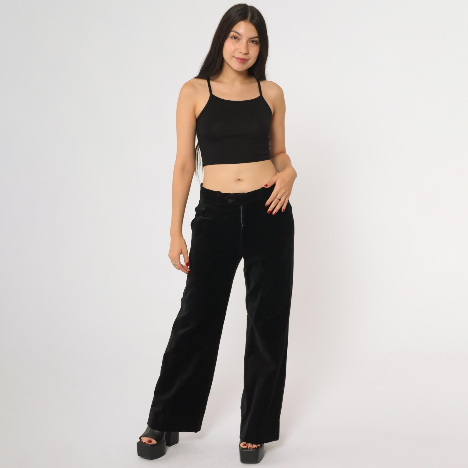 80s Black Velvet Wide Leg High Waisted Trousers Straight Leg Medium