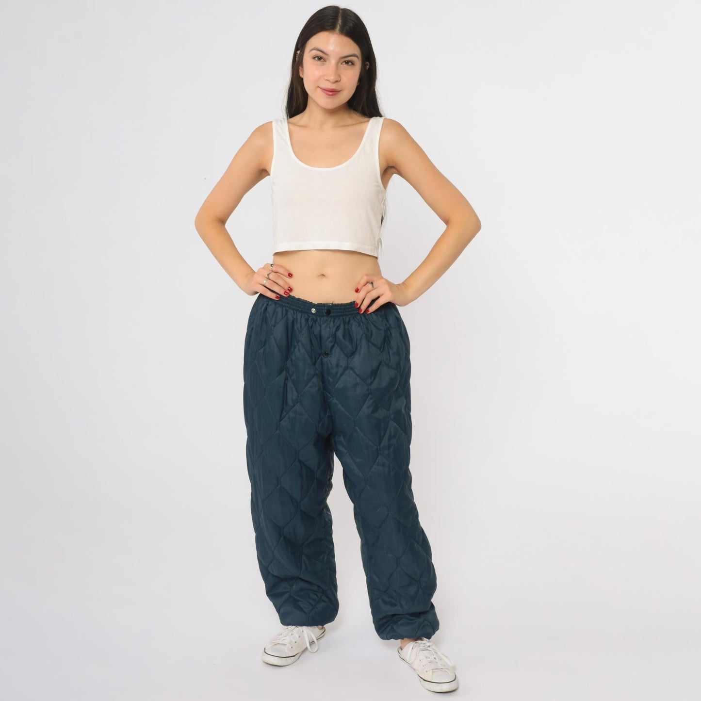 80s Navy Quilted Pants Diamond Pattern Elastic Waist Baggy Extra Large XL