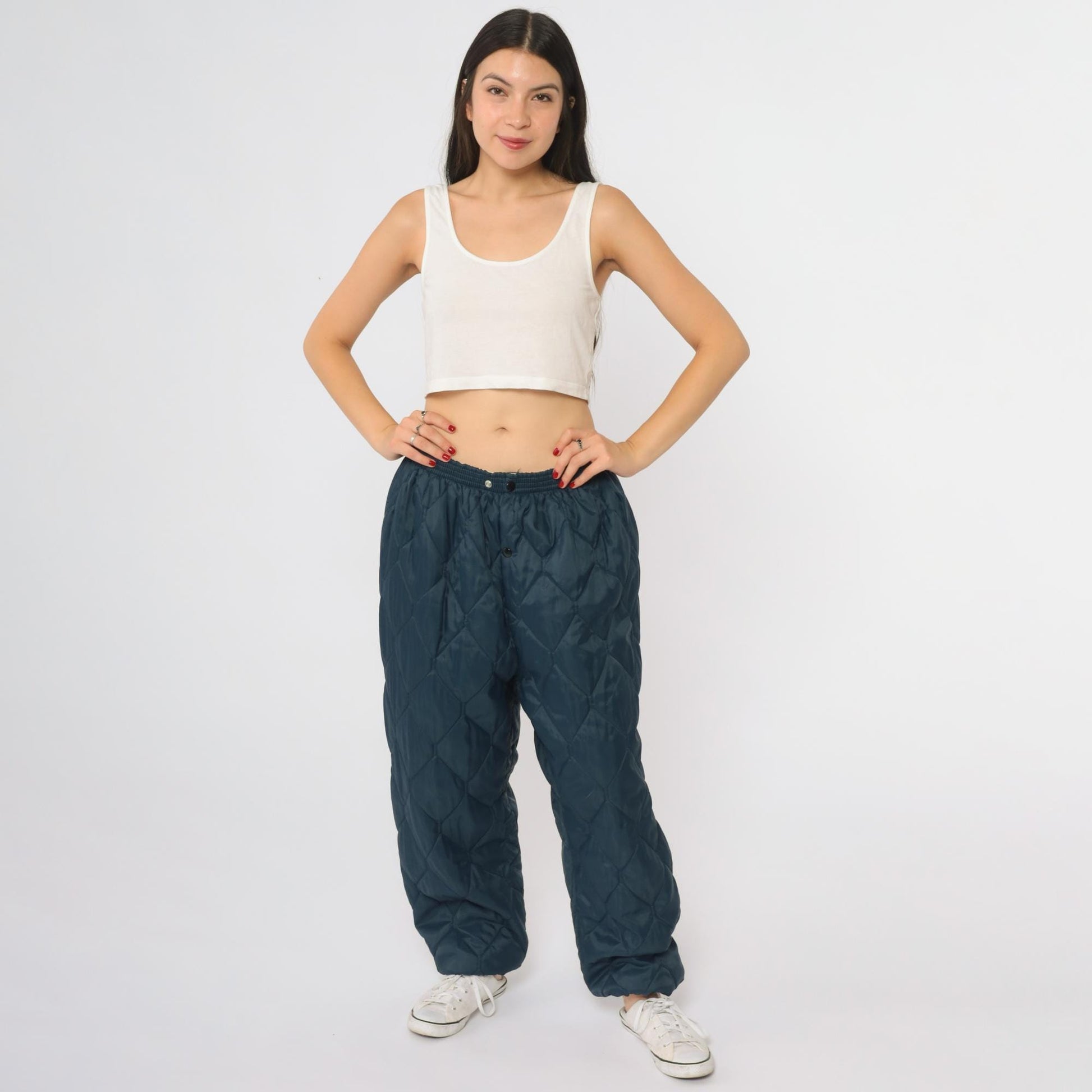 80s Navy Quilted Pants Diamond Pattern Elastic Waist Baggy Extra Large XL