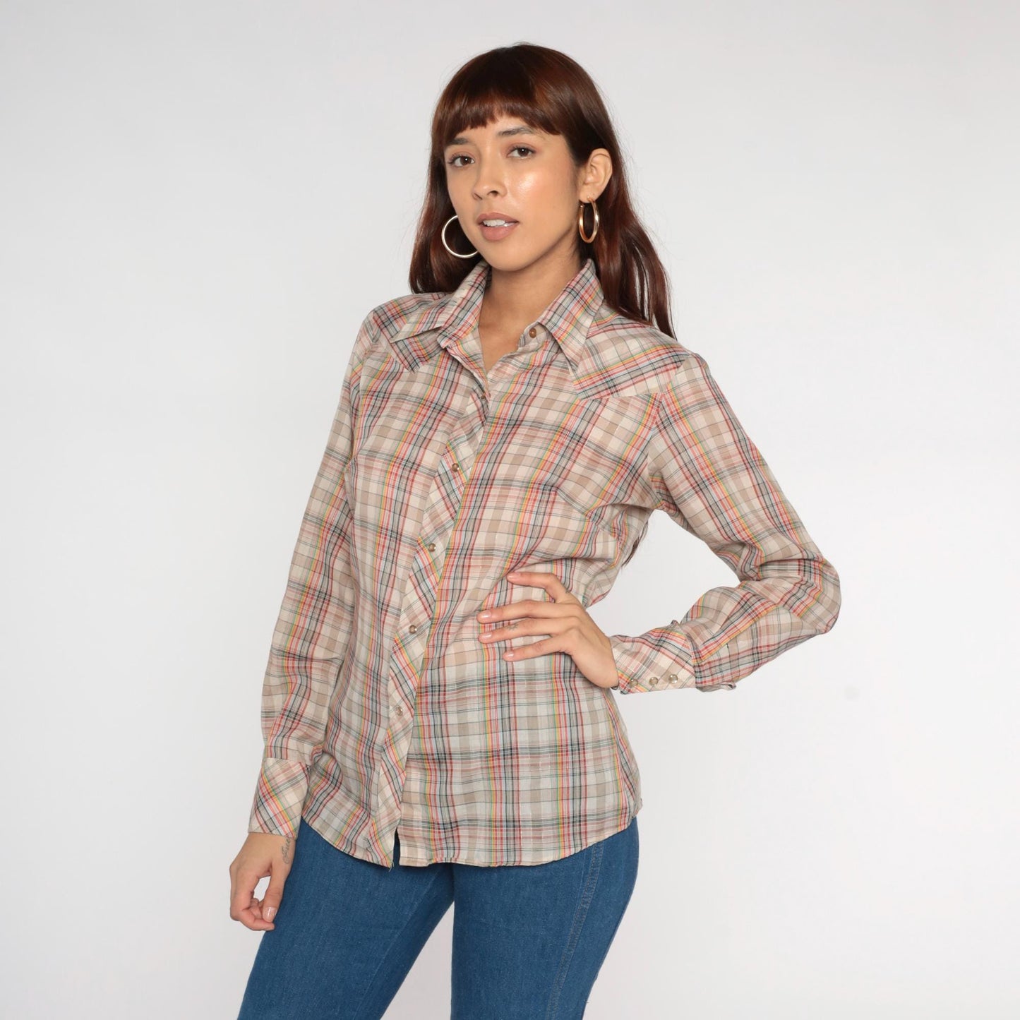 70s Western Pearl Snap Shirt Metallic Plaid Tan Red Green Navy Small