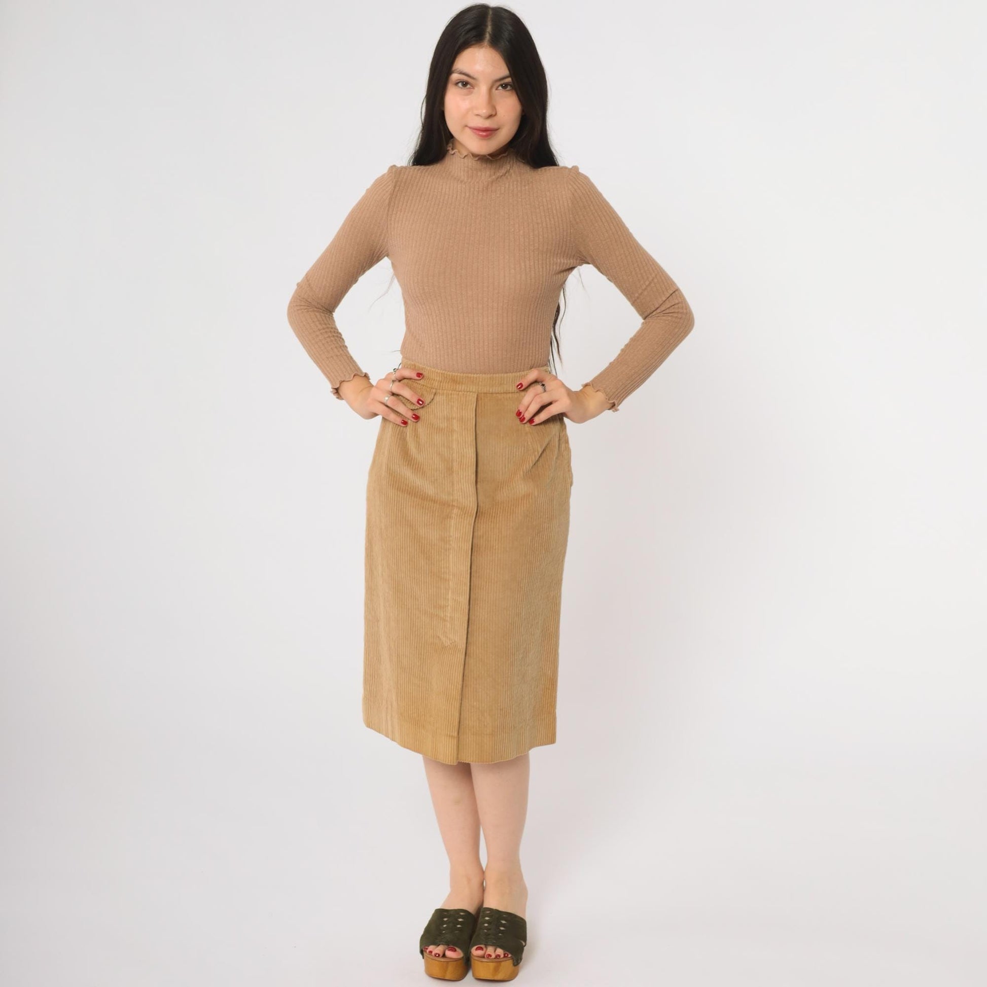 80s Nordstrom Tan Corduroy Midi Skirt Button Detail Small S