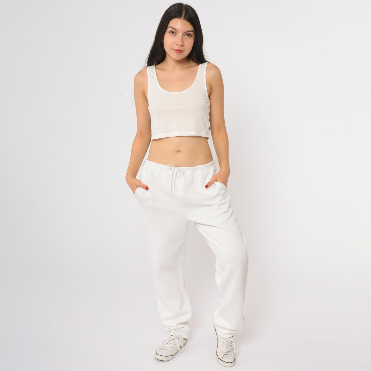 80s Nike White Sweatpants Embroidered Swoosh Drawstring Medium