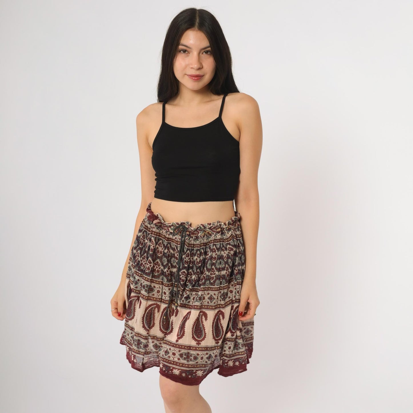 90s Burgundy Paisley Cotton Shorts Drawstring Tiered Medium