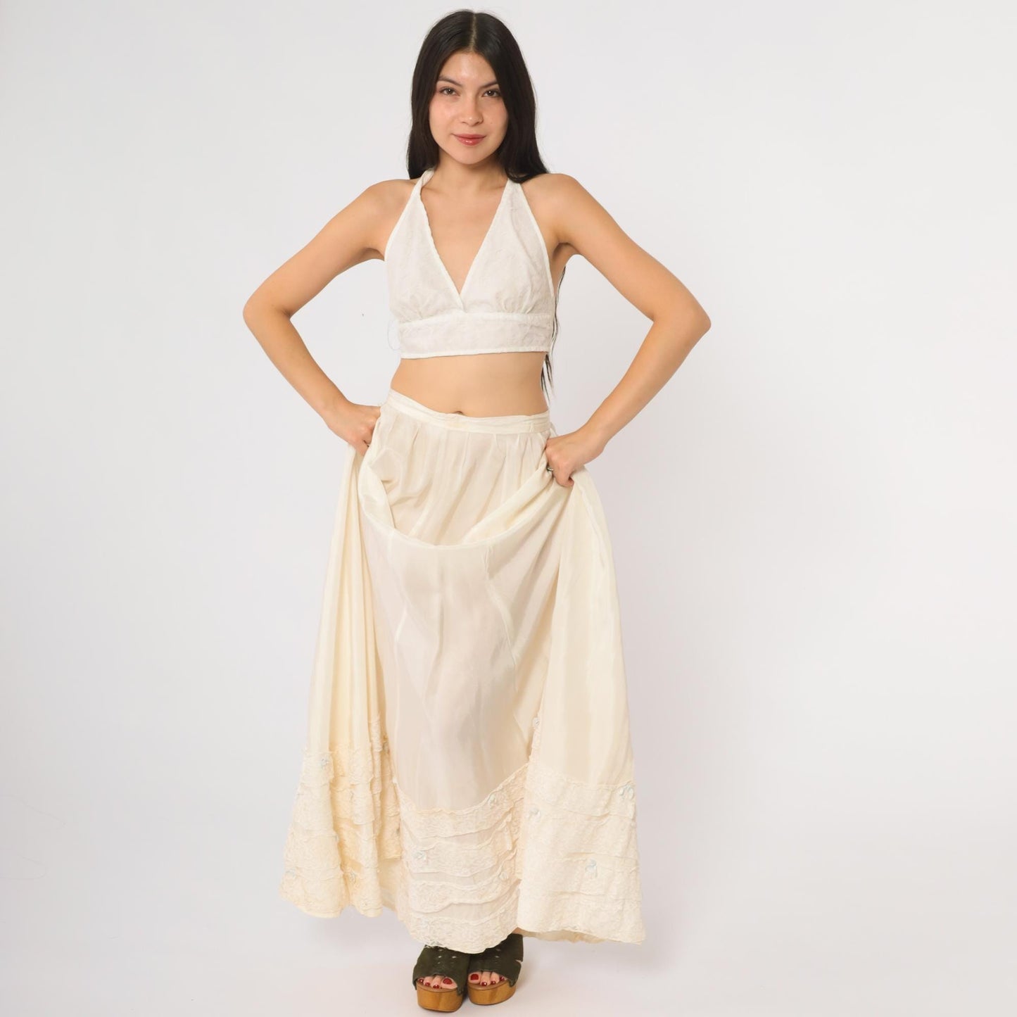 1950s Cream Lace Tiered Maxi Skirt High Waist Victorian Ruffled Small
