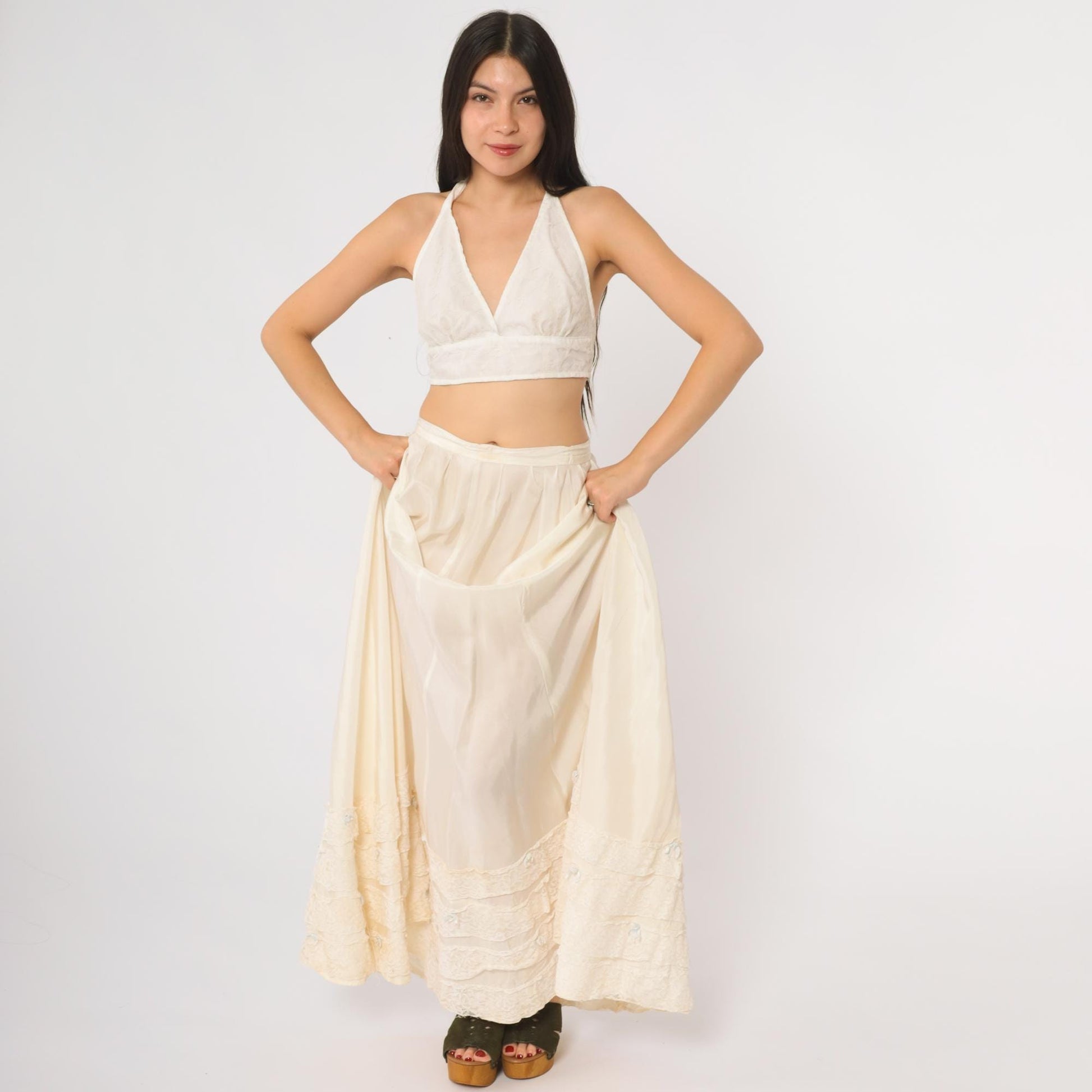 1950s Cream Lace Tiered Maxi Skirt High Waist Victorian Ruffled Small