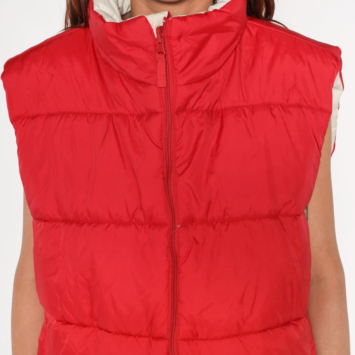 Y2K Red Puffer Vest Reversible Cream Zip Front Sleeveless Large L