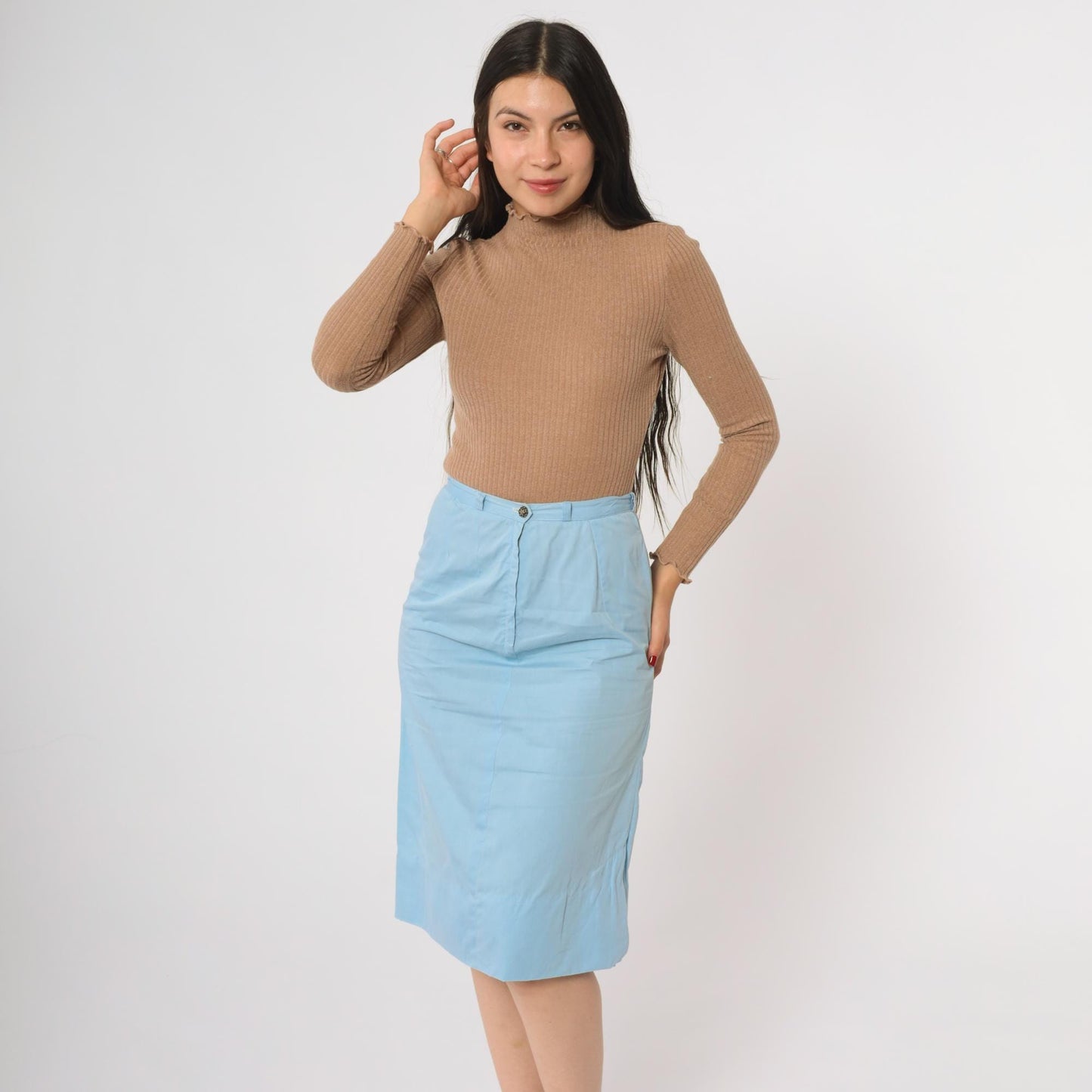 60s Suburban Set Pencil Skirt Light Blue High Waisted Knee Length Extra Small XS