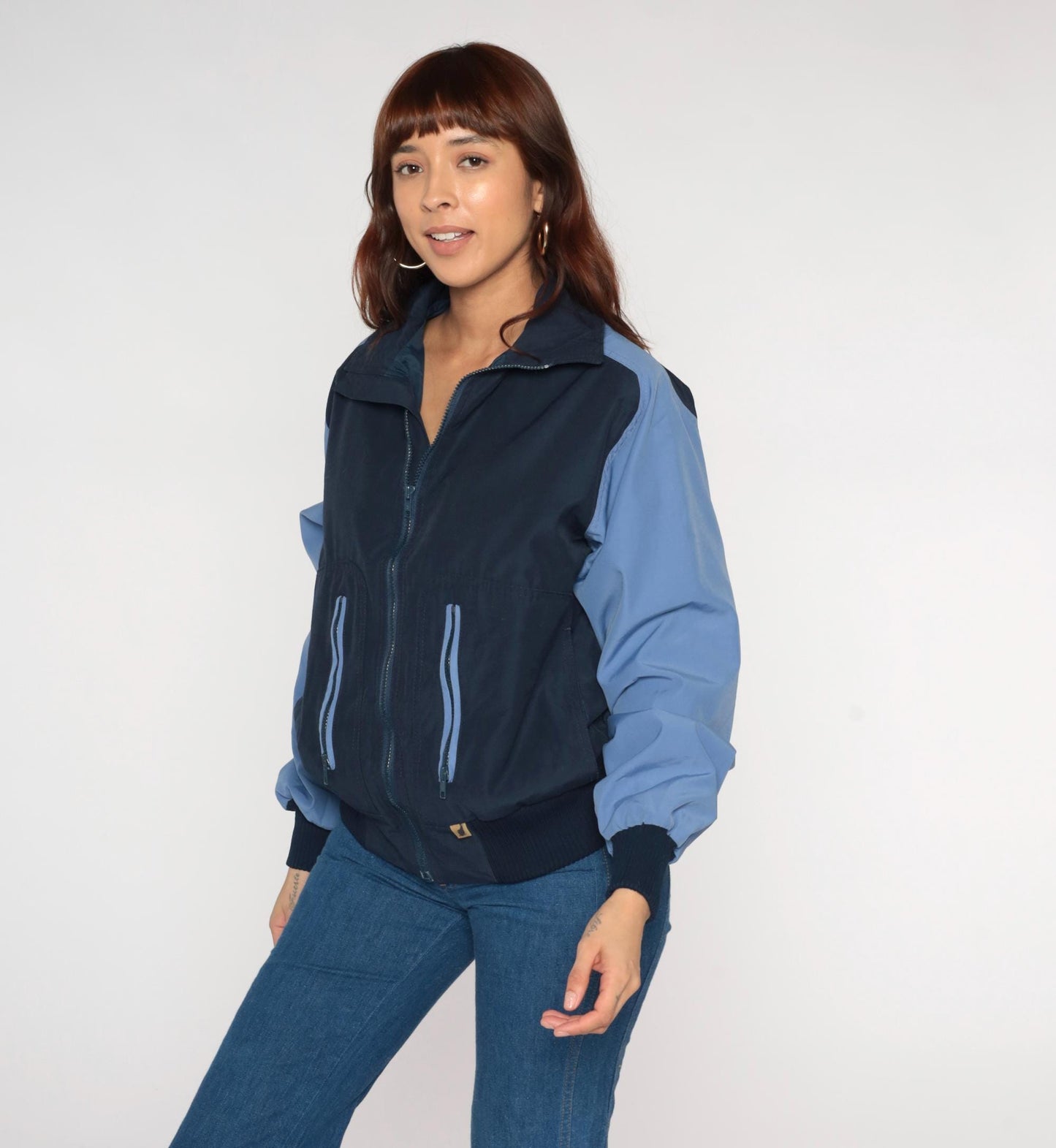 80s Navy Light Blue Colorblock Windbreaker Zip Jacket Medium M