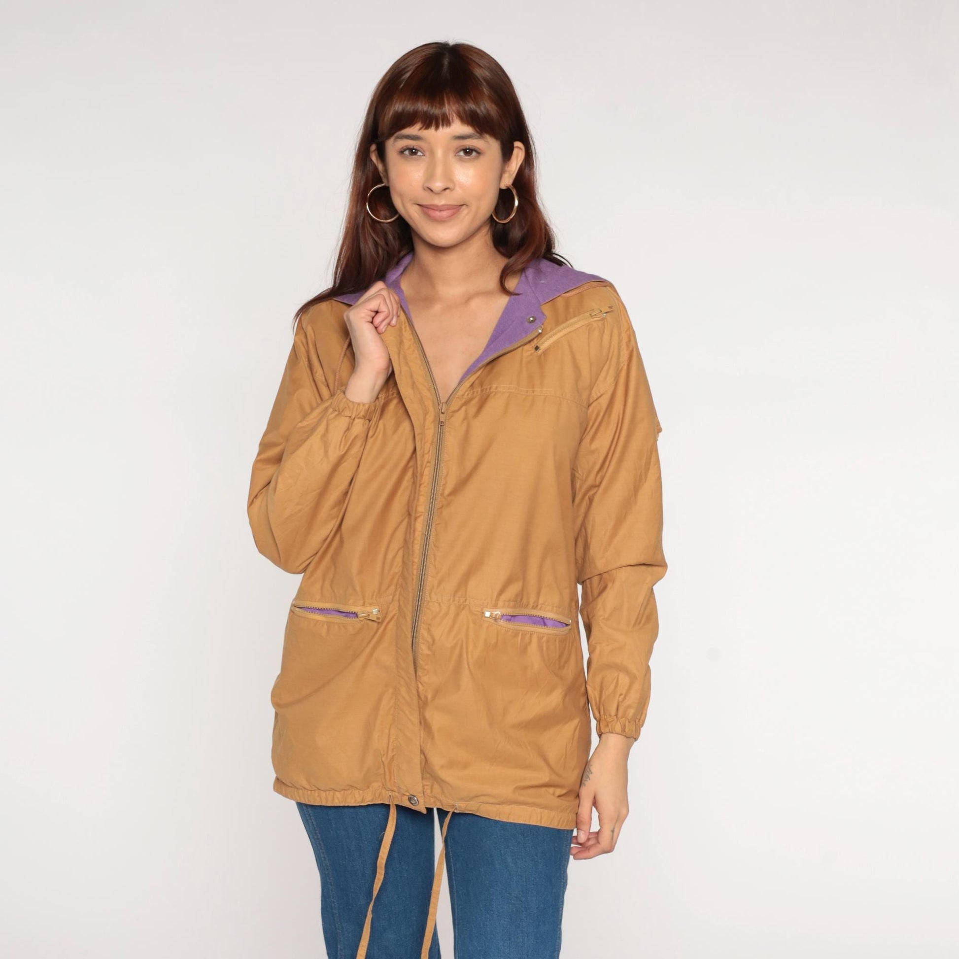 80s Aspen Tan Windbreaker Hood Zip Front Jacket Purple Lining Small