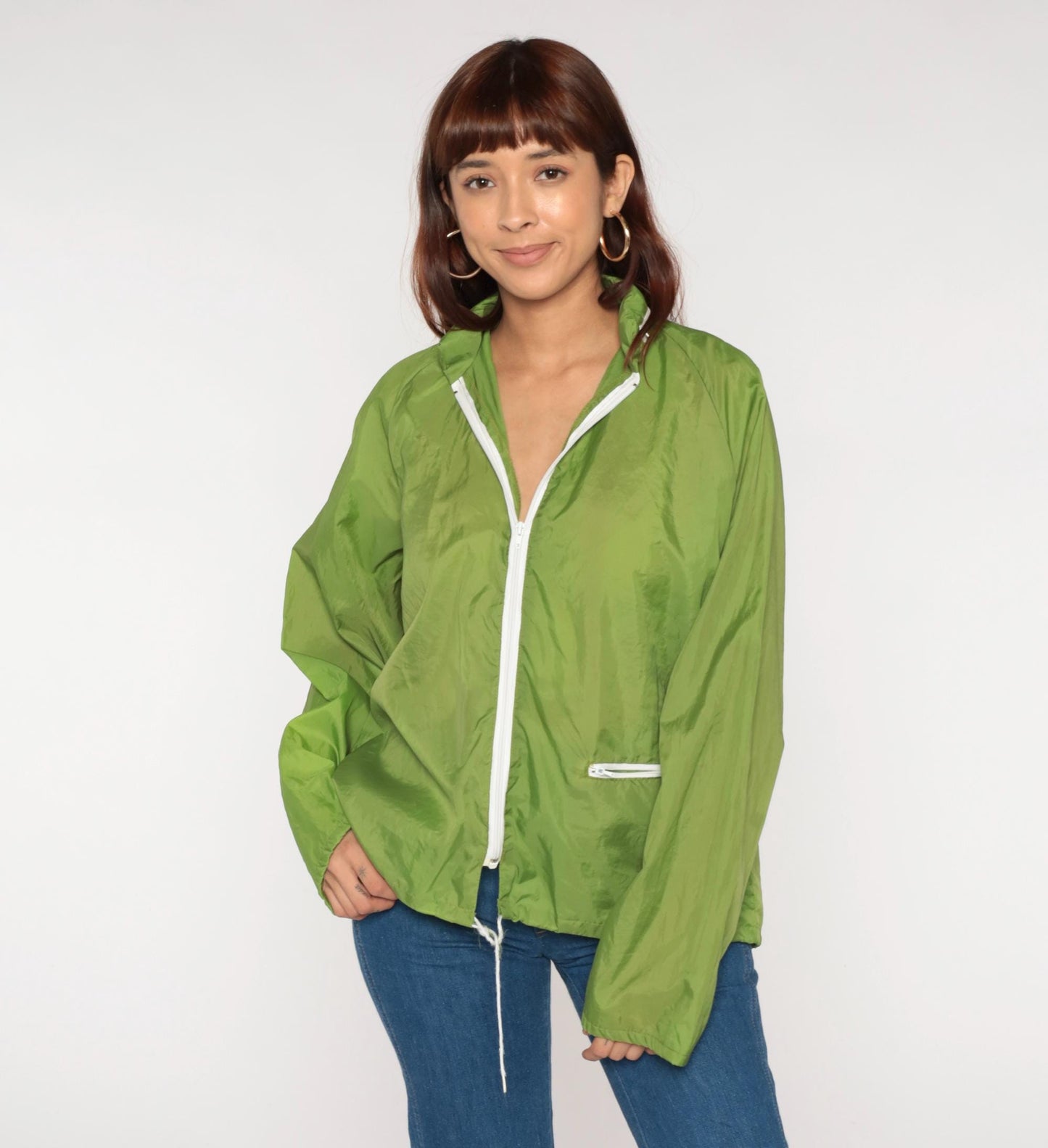 70s Lime Green Windbreaker Nylon Zip Hood Jacket Large L