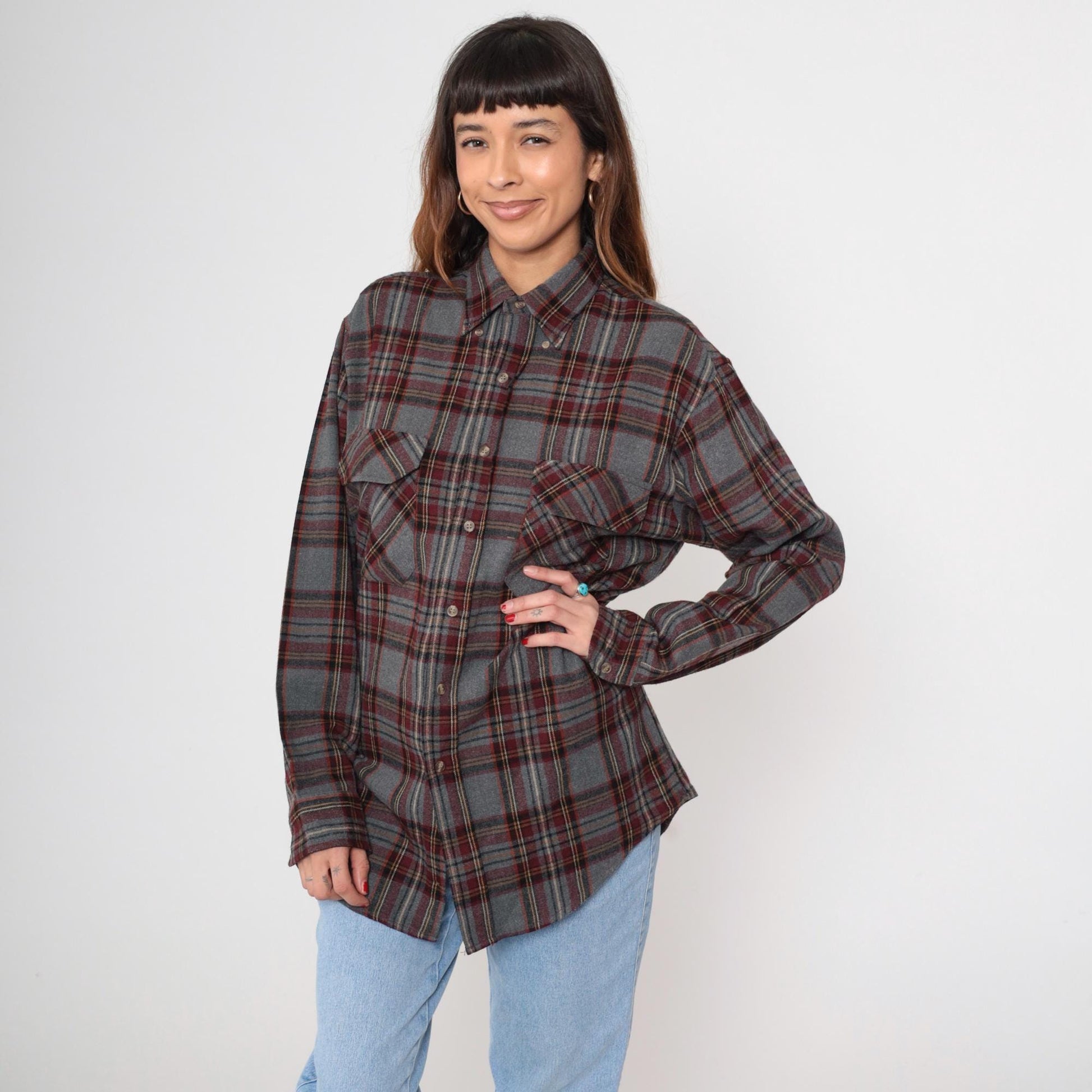 90s Outdoor Exchange Flannel Shirt Grey Red Plaid Button-Up Small S