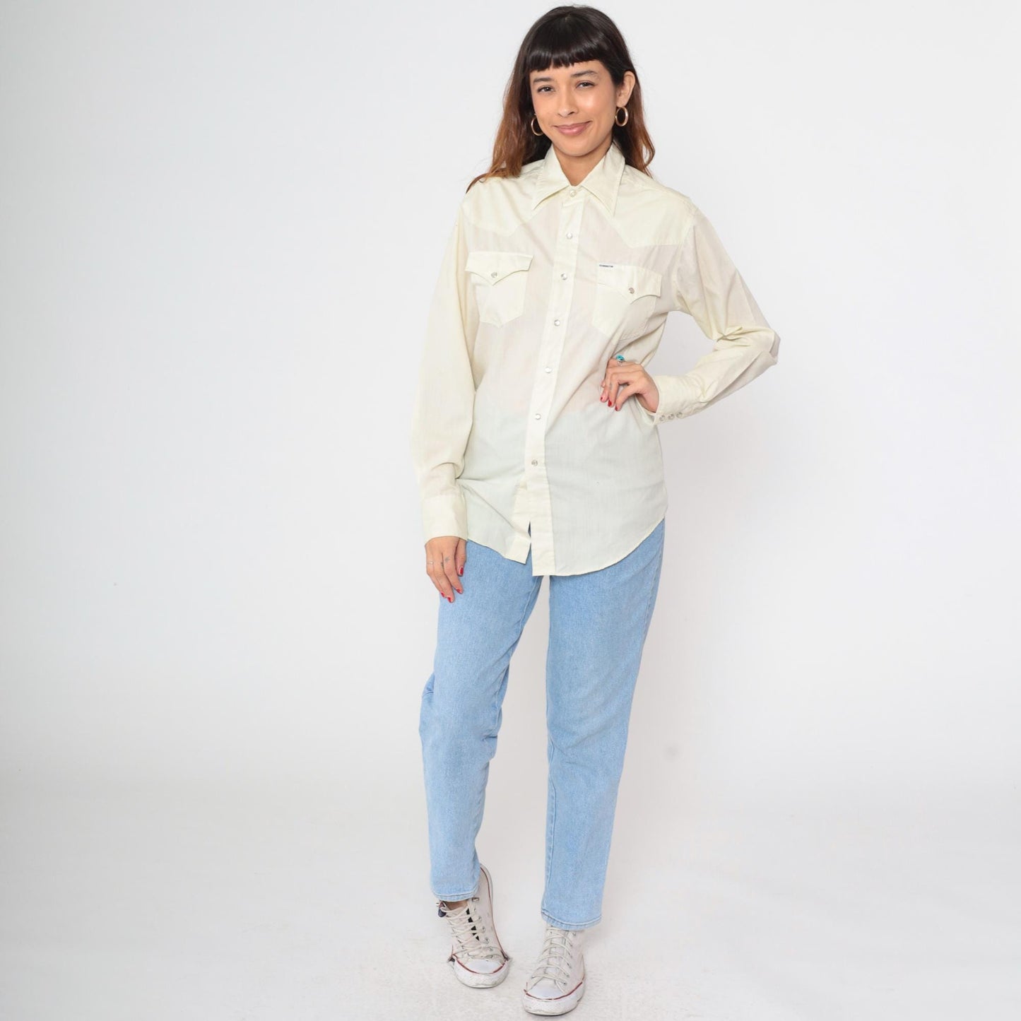 70s Kennington Western Pearl Snap Shirt Pale Yellow Long Sleeve Medium