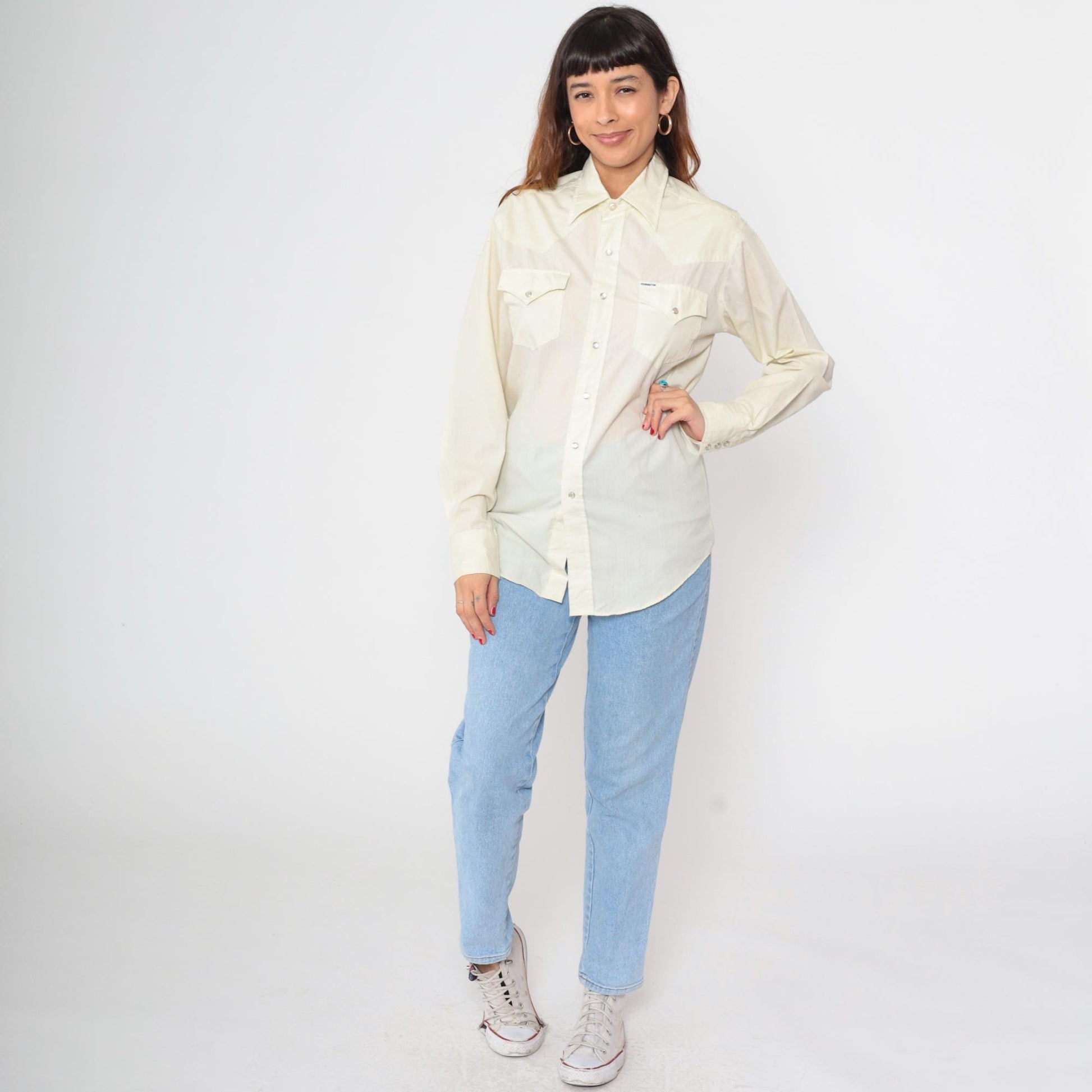 70s Kennington Western Pearl Snap Shirt Pale Yellow Long Sleeve Medium