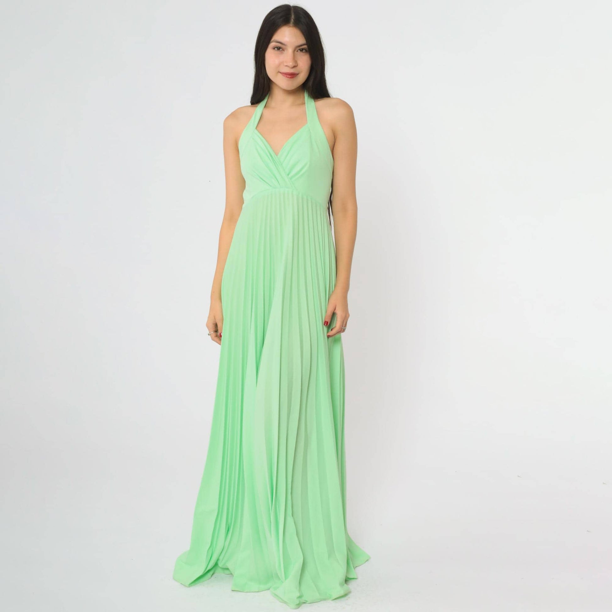 70s Lime Green Halter Maxi Dress Pleated V-Neck Floor-Length Small